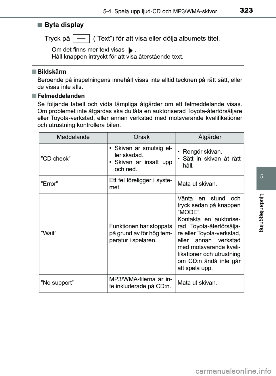 TOYOTA YARIS HATCHBACK 2019 Bruksanvisningar (in Swedish) 3235-4. Spela upp ljud-CD och MP3/WMA-skivor
5
Ljudanläggning
OM52A54SEn
Byta display
Tryck på (”Text”) för att visa eller dölja albumets titel.
Om det finns mer text visas .
Håll knappen TOYOTA YARIS HATCHBACK 2019 Bruksanvisningar (in Swedish) 3235-4. Spela upp ljud-CD och MP3/WMA-skivor
5
Ljudanläggning
OM52A54SEn
Byta display
Tryck på (”Text”) för att visa eller dölja albumets titel.
Om det finns mer text visas .
Håll knappen