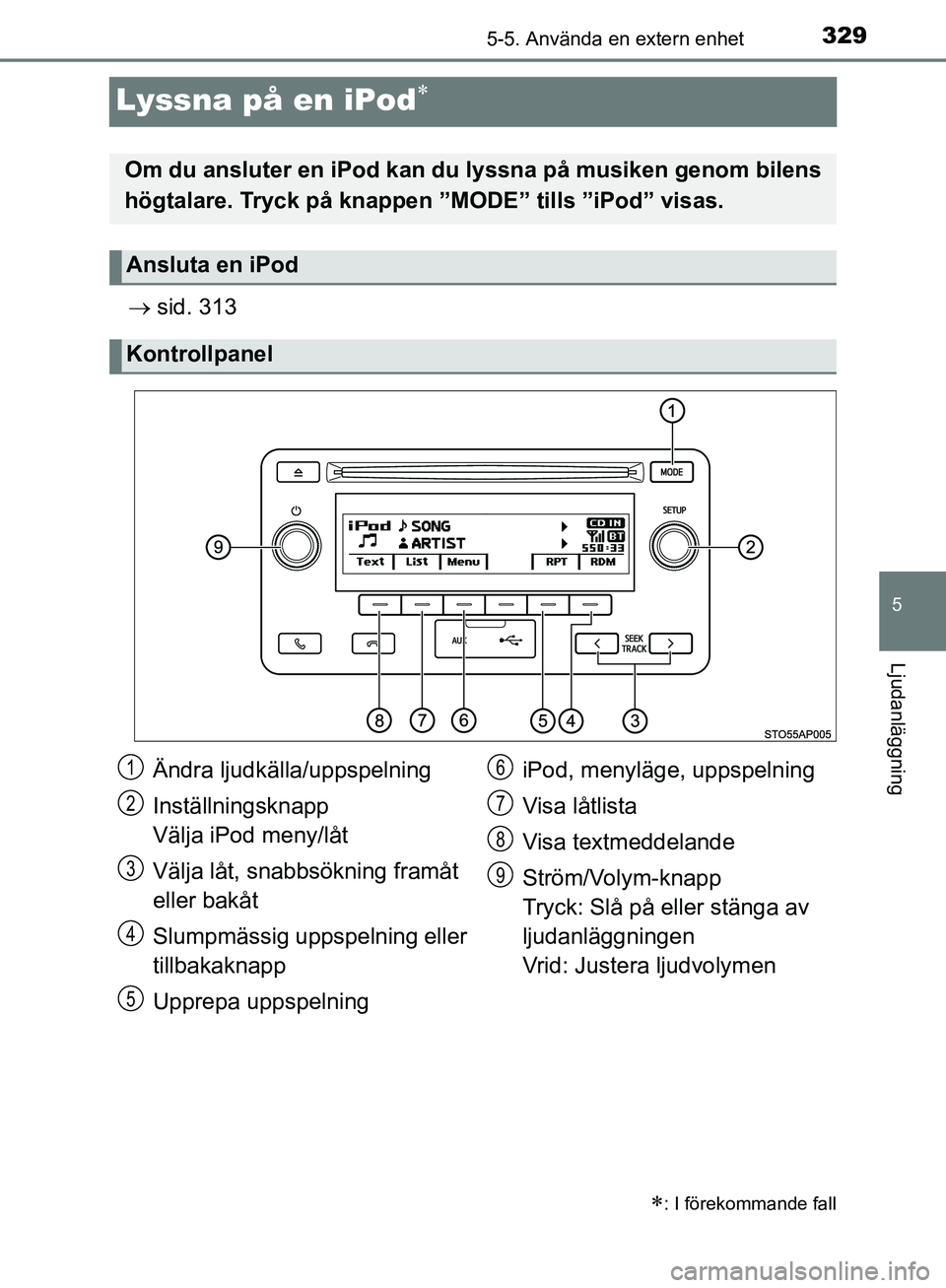 TOYOTA YARIS HATCHBACK 2019 Bruksanvisningar (in Swedish) 329
5
5-5. Använda en extern enhet
Ljudanläggning
OM52A54SE
Lyssna på en iPod
sid. 313
: I förekommande fall
Om du ansluter en iPod kan du lyssna på musiken genom bilens
högtalare. Tr TOYOTA YARIS HATCHBACK 2019 Bruksanvisningar (in Swedish) 329
5
5-5. Använda en extern enhet
Ljudanläggning
OM52A54SE
Lyssna på en iPod
sid. 313
: I förekommande fall
Om du ansluter en iPod kan du lyssna på musiken genom bilens
högtalare. Tr
