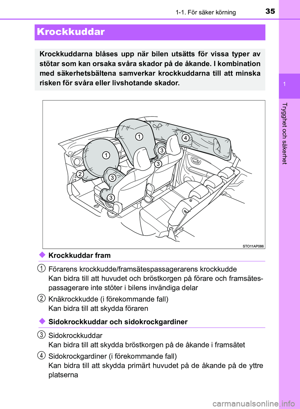 TOYOTA YARIS HATCHBACK 2019  Bruksanvisningar (in Swedish) 351-1. För säker körning
1
Trygghet och säkerhet
OM52A54SE
Krockkuddar
uKrockkuddar fram
Förarens krockkudde/framsätespassagerarens krockkudde
Kan bidra till att huvudet och bröstkorgen på fö