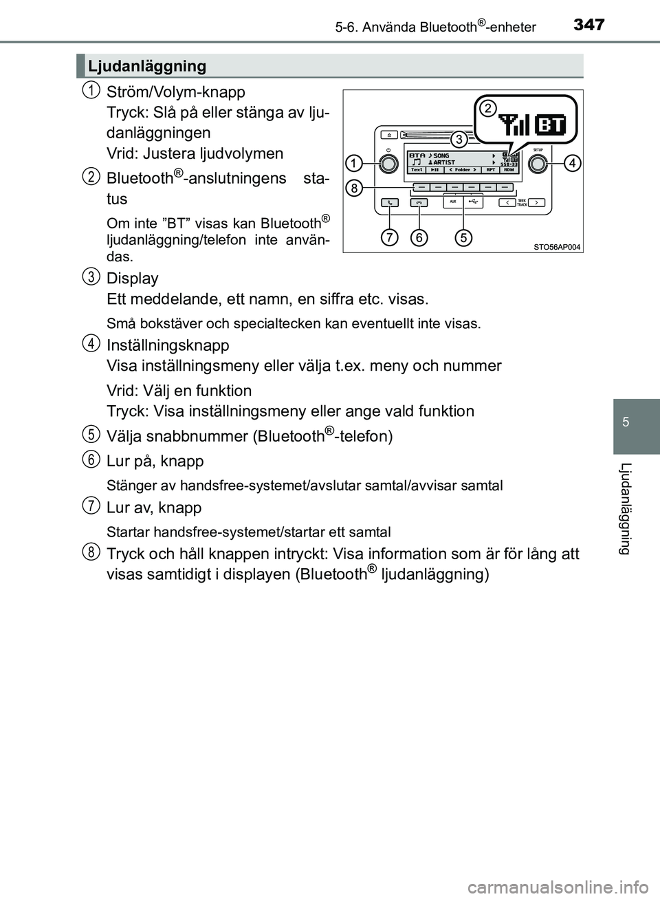 TOYOTA YARIS HATCHBACK 2019 Bruksanvisningar (in Swedish) 3475-6. Använda Bluetooth®-enheter
5
Ljudanläggning
OM52A54SE
Ström/Volym-knapp
Tryck: Slå på eller stänga av lju-
danläggningen
Vrid: Justera ljudvolymen
Bluetooth
®-anslutningens sta-
tus
O TOYOTA YARIS HATCHBACK 2019 Bruksanvisningar (in Swedish) 3475-6. Använda Bluetooth®-enheter
5
Ljudanläggning
OM52A54SE
Ström/Volym-knapp
Tryck: Slå på eller stänga av lju-
danläggningen
Vrid: Justera ljudvolymen
Bluetooth
®-anslutningens sta-
tus
O