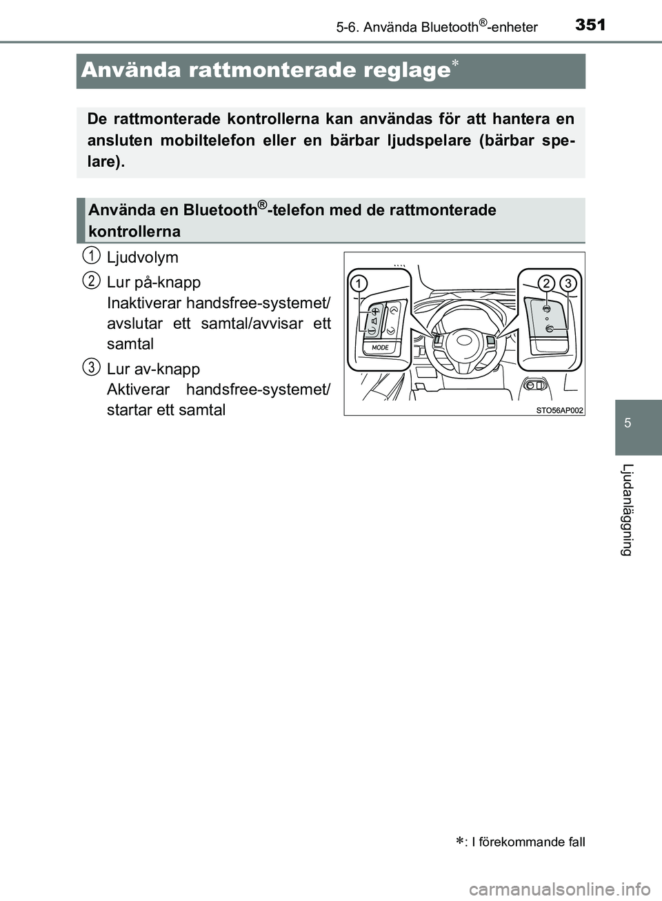 TOYOTA YARIS HATCHBACK 2019  Bruksanvisningar (in Swedish) 3515-6. Använda Bluetooth®-enheter
5
Ljudanläggning
OM52A54SE
Använda rattmonterade reglage
Ljudvolym
Lur på-knapp 
Inaktiverar handsfree-systemet/
avslutar ett samtal/avvisar ett
samtal
Lur a