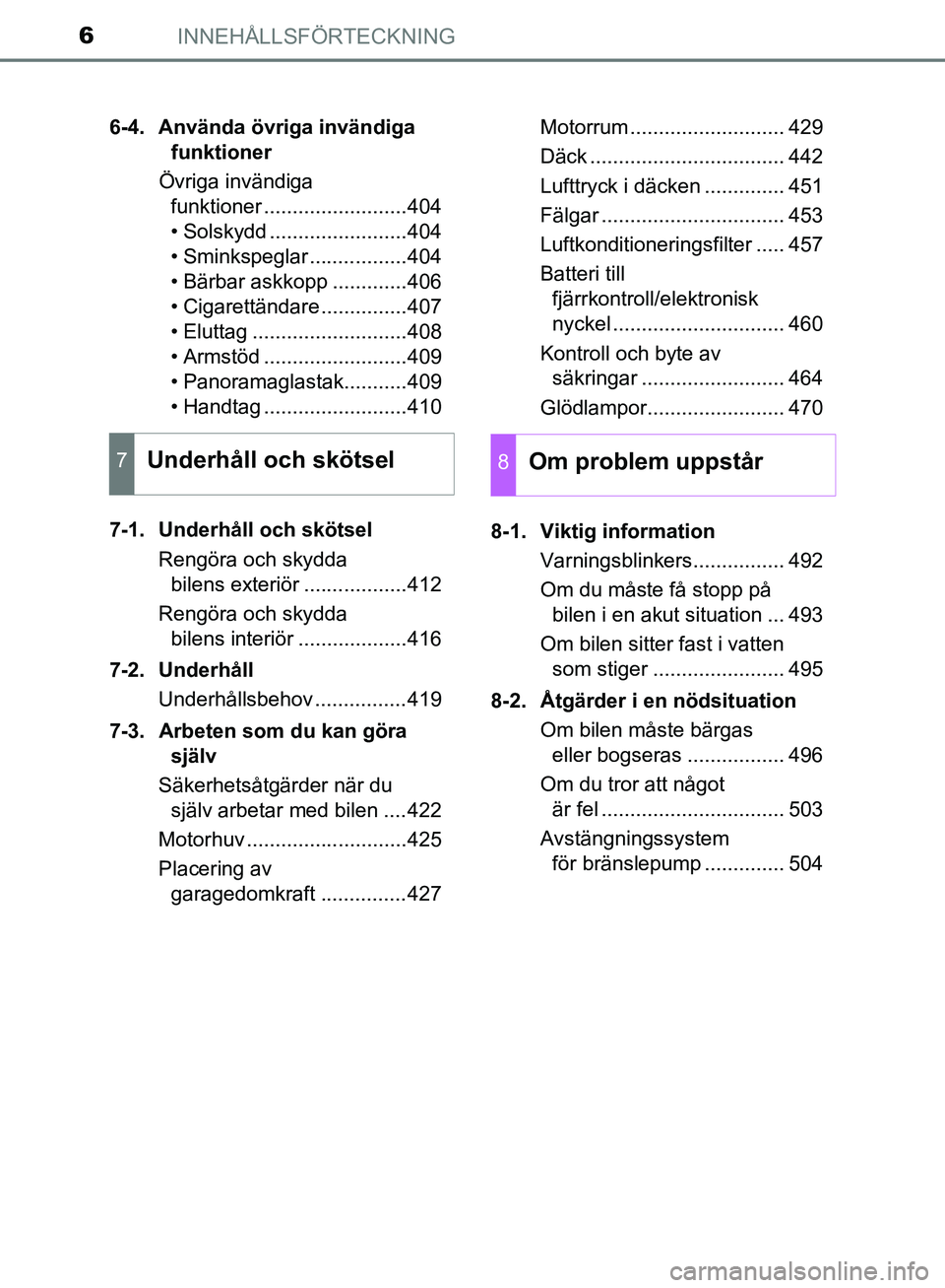 TOYOTA YARIS HATCHBACK 2019  Bruksanvisningar (in Swedish) INNEHÅLLSFÖRTECKNING6
OM52A54SE6-4. Använda övriga invändiga 
funktioner
Övriga invändiga  funktioner .........................404
• Solskydd ........................404
• Sminkspeglar ....