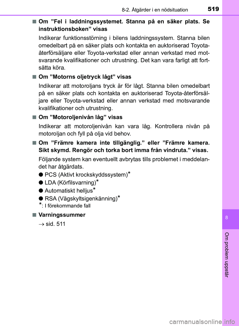 TOYOTA YARIS HATCHBACK 2019 Bruksanvisningar (in Swedish) 5198-2. Åtgärder i en nödsituation
8
Om problem uppstår
OM52A54SEn
Om ”Fel i laddningssystemet. St
anna på en säker plats. Se
instruktionsboken” visas
Indikerar funktionsstörning i bile ns TOYOTA YARIS HATCHBACK 2019 Bruksanvisningar (in Swedish) 5198-2. Åtgärder i en nödsituation
8
Om problem uppstår
OM52A54SEn
Om ”Fel i laddningssystemet. St
anna på en säker plats. Se
instruktionsboken” visas
Indikerar funktionsstörning i bile ns