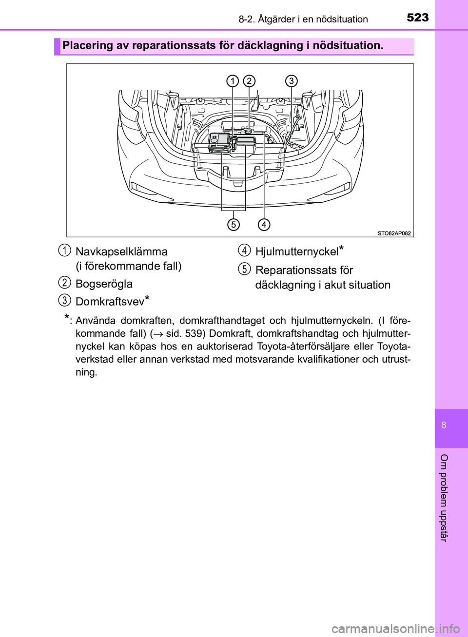 TOYOTA YARIS HATCHBACK 2019  Bruksanvisningar (in Swedish) 5238-2. Åtgärder i en nödsituation
8
Om problem uppstår
OM52A54SE
*: Använda domkraften, domkrafthandtaget och hjulmutternyckeln. (I före-kommande fall) (  sid. 539) Domkraft, domkraftshandta