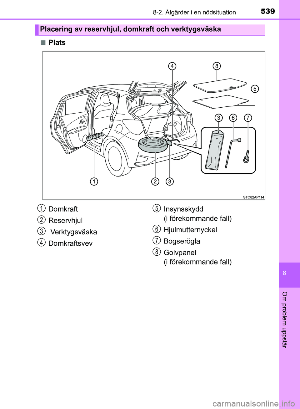 TOYOTA YARIS HATCHBACK 2019 Bruksanvisningar (in Swedish) 5398-2. Åtgärder i en nödsituation
8
Om problem uppstår
OM52A54SEn
Plats
Placering av reservhjul, domkraft och verktygsväska
Domkraft
Reservhjul
Verktygsväska
Domkraftsvev
Insynsskydd
(i före TOYOTA YARIS HATCHBACK 2019 Bruksanvisningar (in Swedish) 5398-2. Åtgärder i en nödsituation
8
Om problem uppstår
OM52A54SEn
Plats
Placering av reservhjul, domkraft och verktygsväska
Domkraft
Reservhjul
Verktygsväska
Domkraftsvev
Insynsskydd
(i före