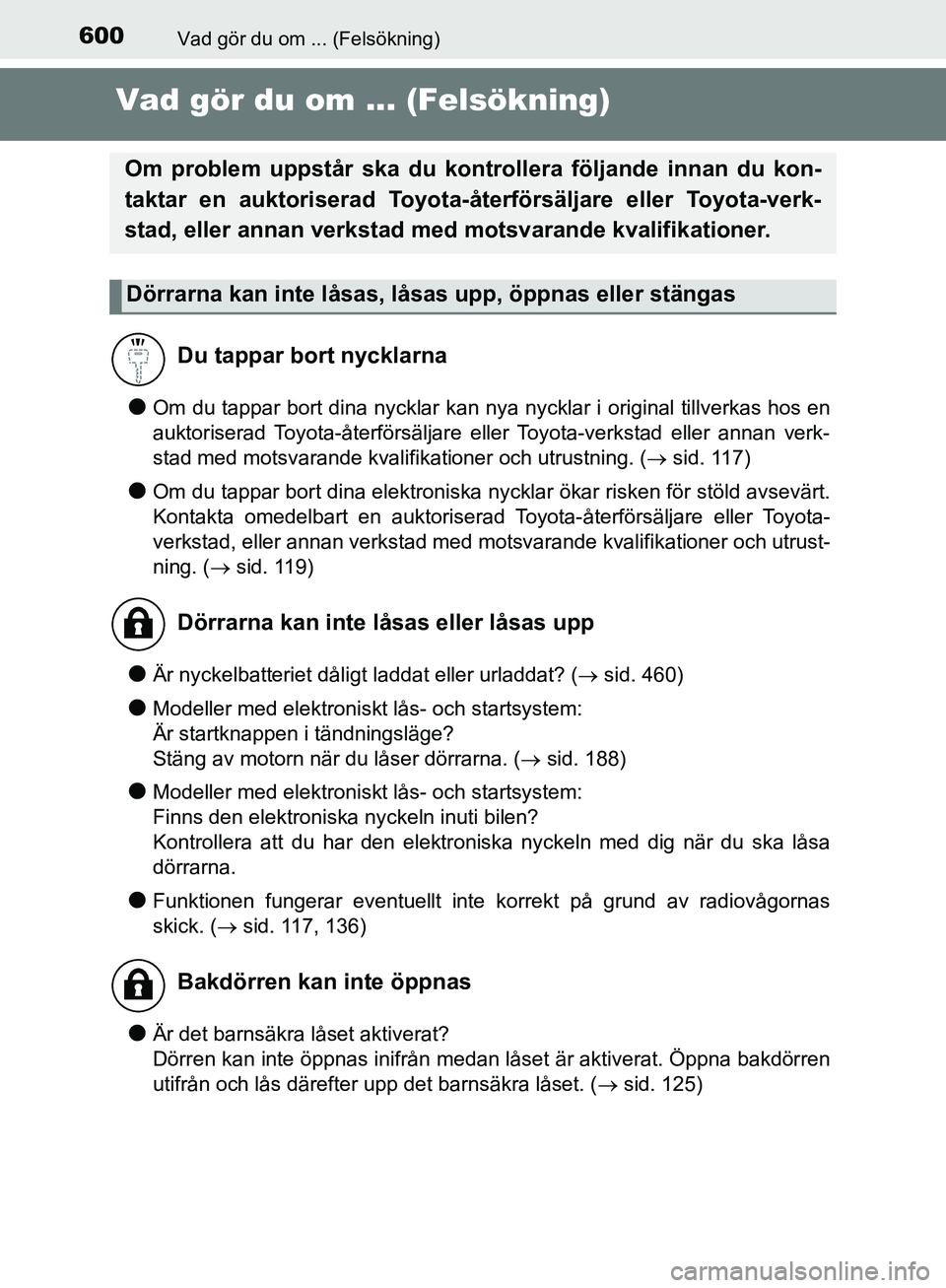 TOYOTA YARIS HATCHBACK 2019 Bruksanvisningar (in Swedish) 600Vad gör du om ... (Felsökning)
OM52A54SE
Vad gör du om ... (Felsökning)
lOm du tappar bort dina nycklar kan nya nycklar i original tillverkas hos en
auktoriserad Toyota-återförsäljare eller TOYOTA YARIS HATCHBACK 2019 Bruksanvisningar (in Swedish) 600Vad gör du om ... (Felsökning)
OM52A54SE
Vad gör du om ... (Felsökning)
lOm du tappar bort dina nycklar kan nya nycklar i original tillverkas hos en
auktoriserad Toyota-återförsäljare eller