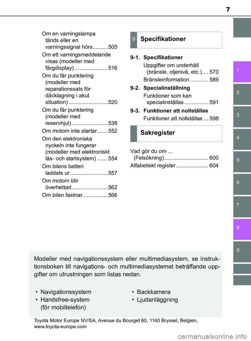 TOYOTA YARIS HATCHBACK 2019  Bruksanvisningar (in Swedish) 7
1
7
8 6 5
4
3
2
9
OM52A54SEOm en varningslampa 
tänds eller en 
varningssignal hörs..........505
Om ett varningsmeddelande  visas (modeller med 
färgdisplay) ......................516
Om du får 