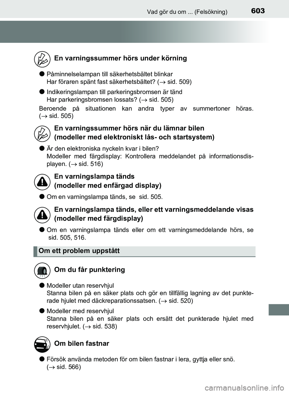 TOYOTA YARIS HATCHBACK 2019 Bruksanvisningar (in Swedish) 603Vad gör du om ... (Felsökning)
OM52A54SE
lPåminnelselampan till säkerhetsbältet blinkar
Har föraren spänt fast säkerhetsbältet? ( sid. 509)
lIndikeringslampan till parkeringsbromsen ä TOYOTA YARIS HATCHBACK 2019 Bruksanvisningar (in Swedish) 603Vad gör du om ... (Felsökning)
OM52A54SE
lPåminnelselampan till säkerhetsbältet blinkar
Har föraren spänt fast säkerhetsbältet? ( sid. 509)
lIndikeringslampan till parkeringsbromsen ä