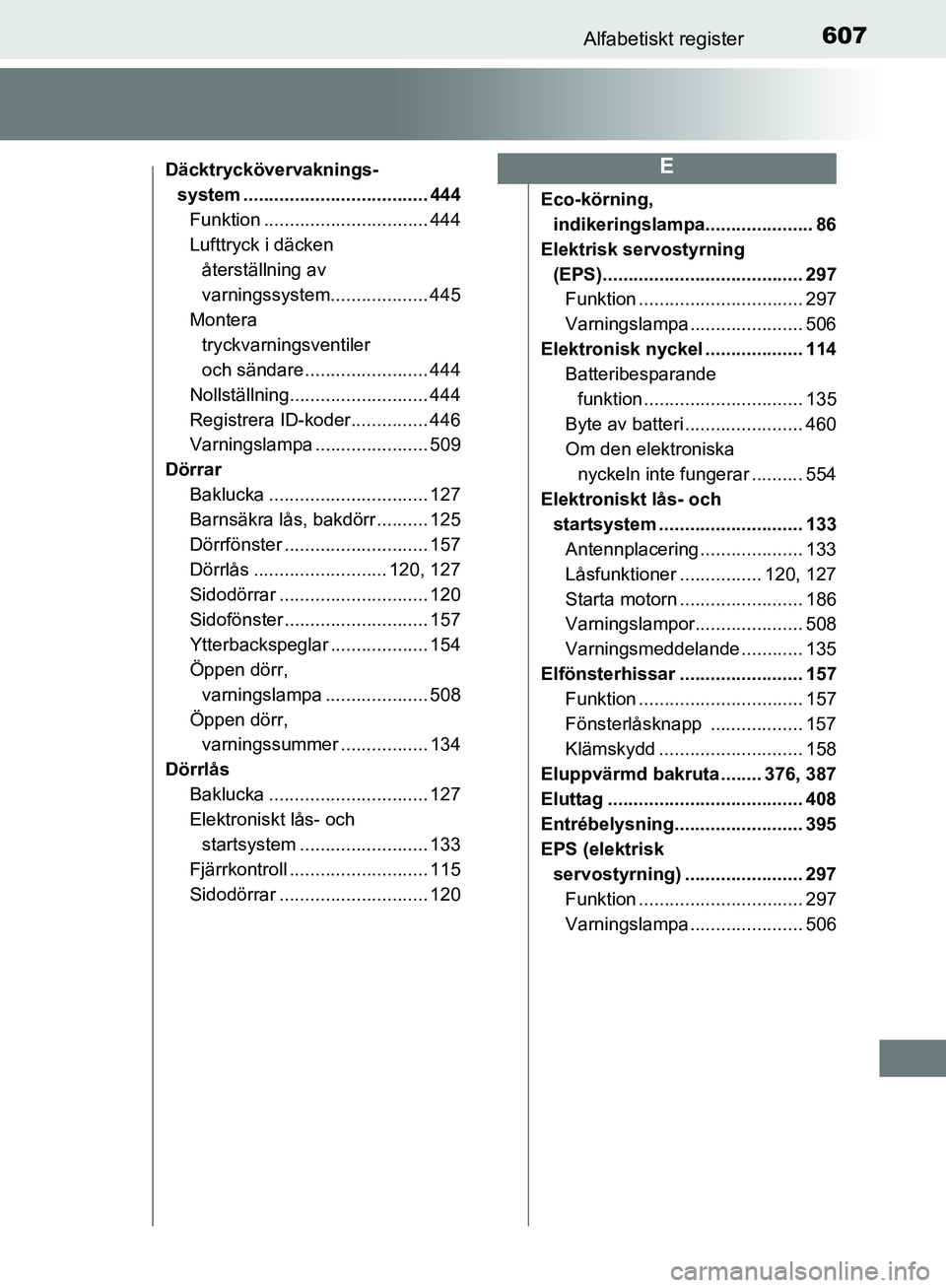 TOYOTA YARIS HATCHBACK 2019 Bruksanvisningar (in Swedish) 607Alfabetiskt register
OM52A54SE
Däcktryckövervaknings-system .................................... 444
Funktion ................................ 444
Lufttryck i däcken återställning av
varnings TOYOTA YARIS HATCHBACK 2019 Bruksanvisningar (in Swedish) 607Alfabetiskt register
OM52A54SE
Däcktryckövervaknings-system .................................... 444
Funktion ................................ 444
Lufttryck i däcken återställning av
varnings