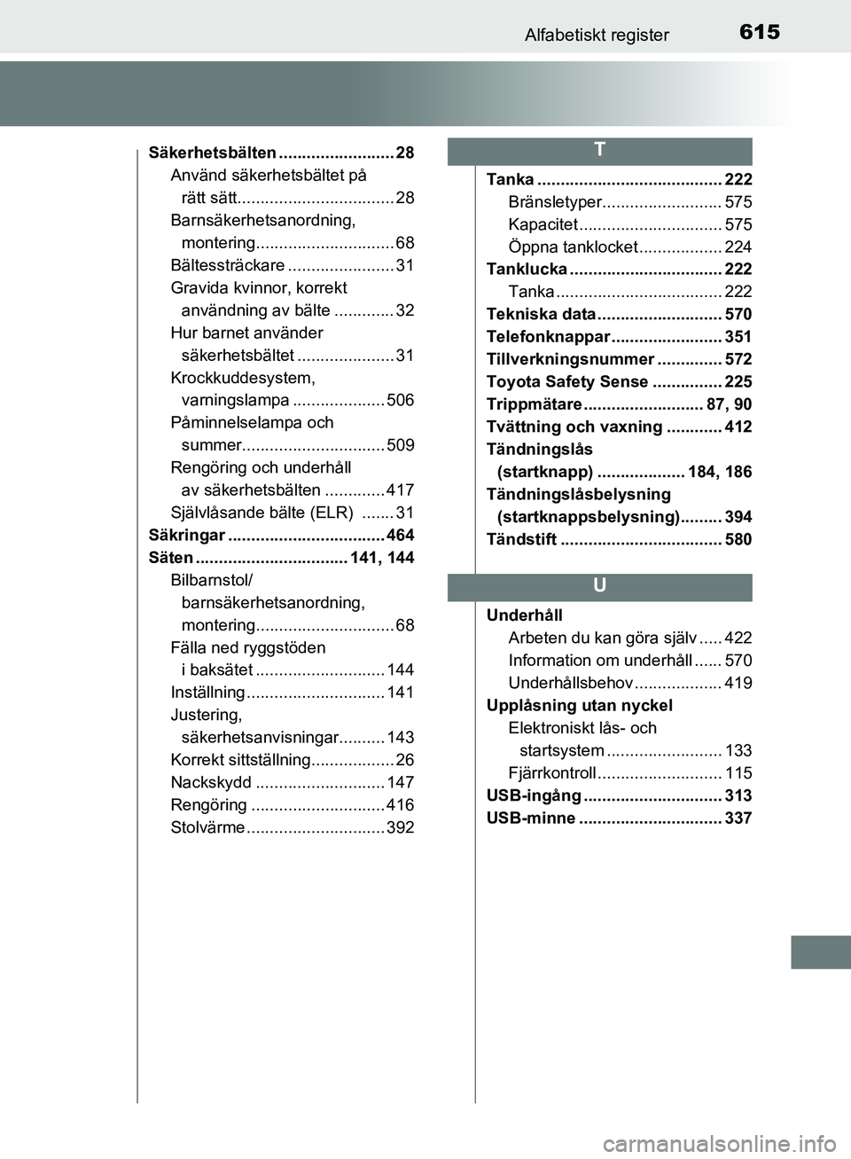 TOYOTA YARIS HATCHBACK 2019  Bruksanvisningar (in Swedish) 615Alfabetiskt register
OM52A54SE
Säkerhetsbälten ......................... 28Använd säkerhetsbältet på 
rätt sätt.................................. 28
Barnsäkerhetsanordning,  montering.....