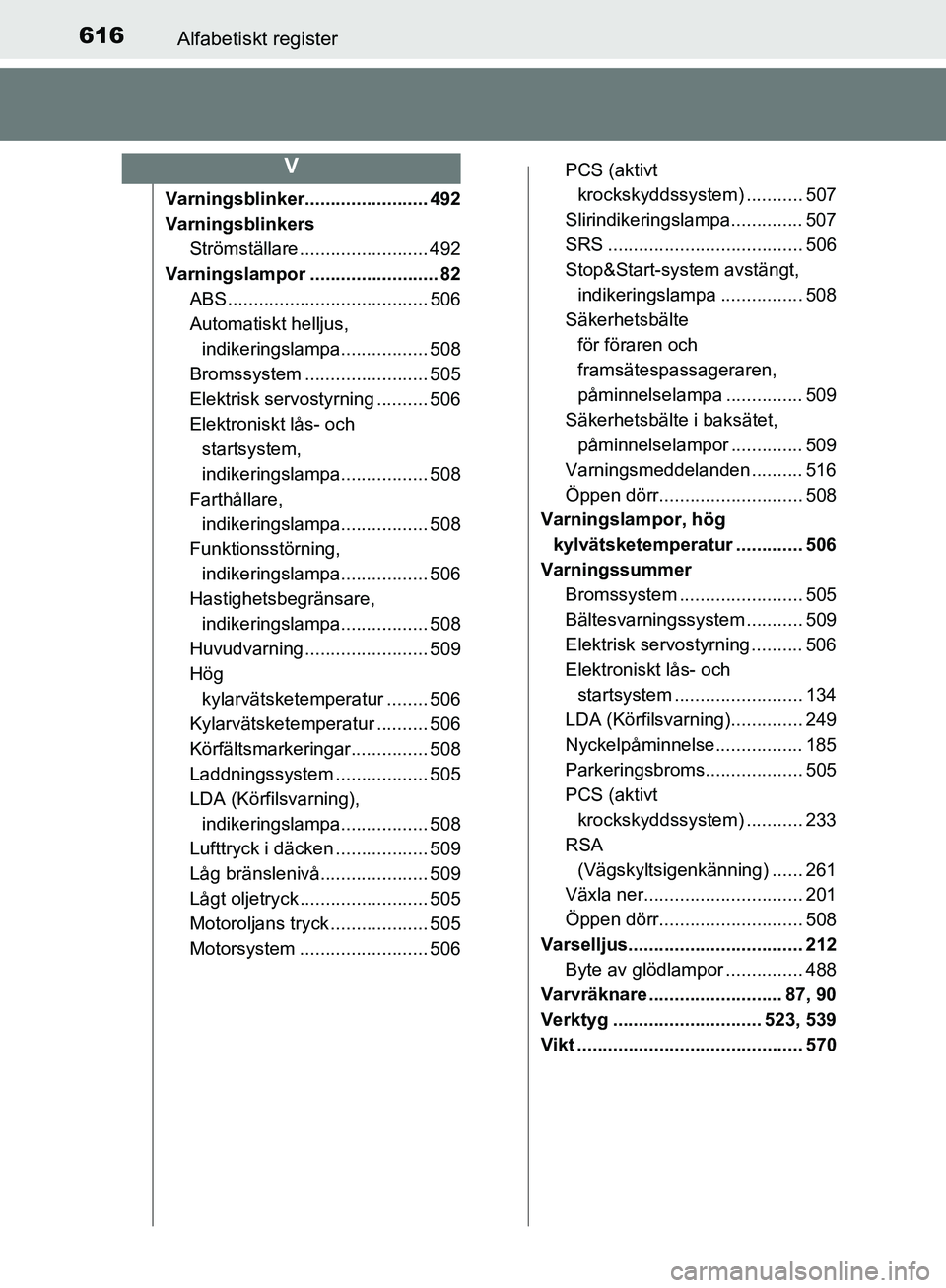 TOYOTA YARIS HATCHBACK 2019  Bruksanvisningar (in Swedish) 616Alfabetiskt register
OM52A54SE
Varningsblinker........................ 492
VarningsblinkersStrömställare ......................... 492
Varningslampor ......................... 82 ABS ............