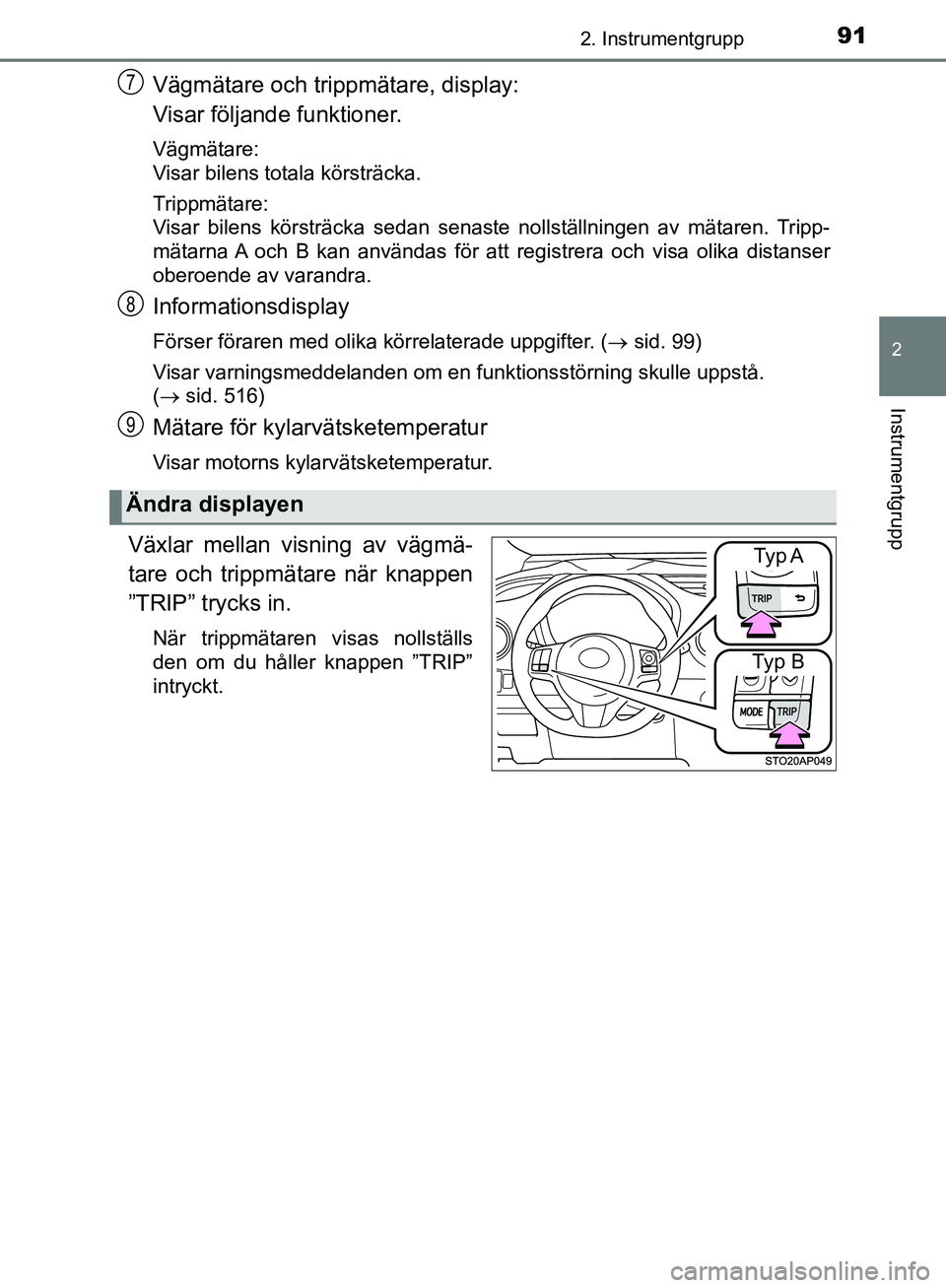 TOYOTA YARIS HATCHBACK 2019 Bruksanvisningar (in Swedish) 912. Instrumentgrupp
2
Instrumentgrupp
OM52A54SE
Vägmätare och trippmätare, display:
Visar följande funktioner.
Vägmätare:
Visar bilens totala körsträcka.
Trippmätare:
Visar bilens körsträc TOYOTA YARIS HATCHBACK 2019 Bruksanvisningar (in Swedish) 912. Instrumentgrupp
2
Instrumentgrupp
OM52A54SE
Vägmätare och trippmätare, display:
Visar följande funktioner.
Vägmätare:
Visar bilens totala körsträcka.
Trippmätare:
Visar bilens körsträc