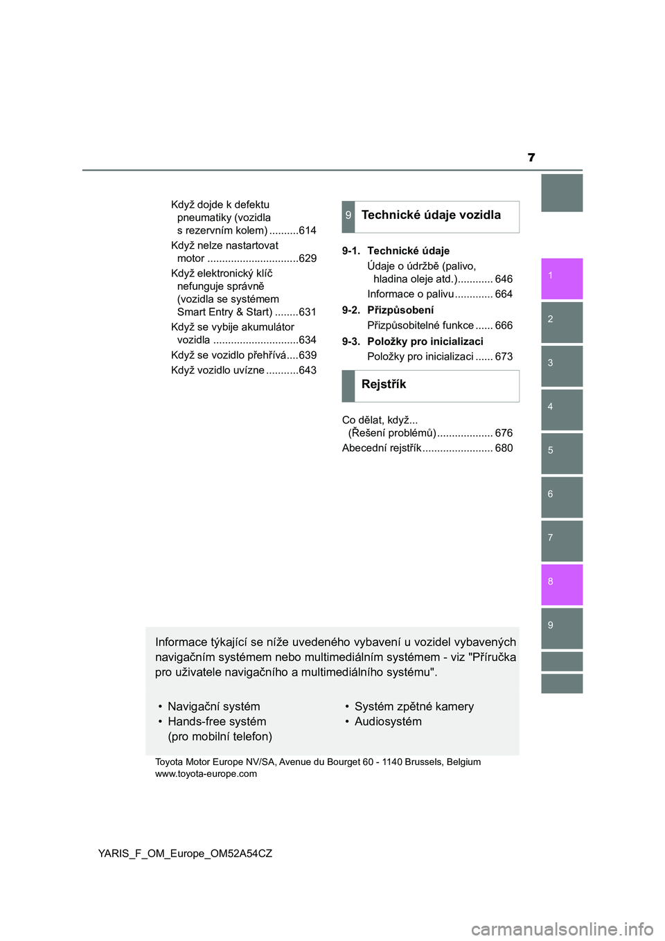 TOYOTA YARIS HATCHBACK 2019  Návod na použití (in Czech) 7
1
7
8 6 5
4
3
2
9
YARIS_F_OM_Europe_OM52A54CZKdyž dojde k defektu 
pneumatiky (vozidla 
s rezervním kolem) ..........614
Když nelze nastartovat 
motor ...............................629
Když ele