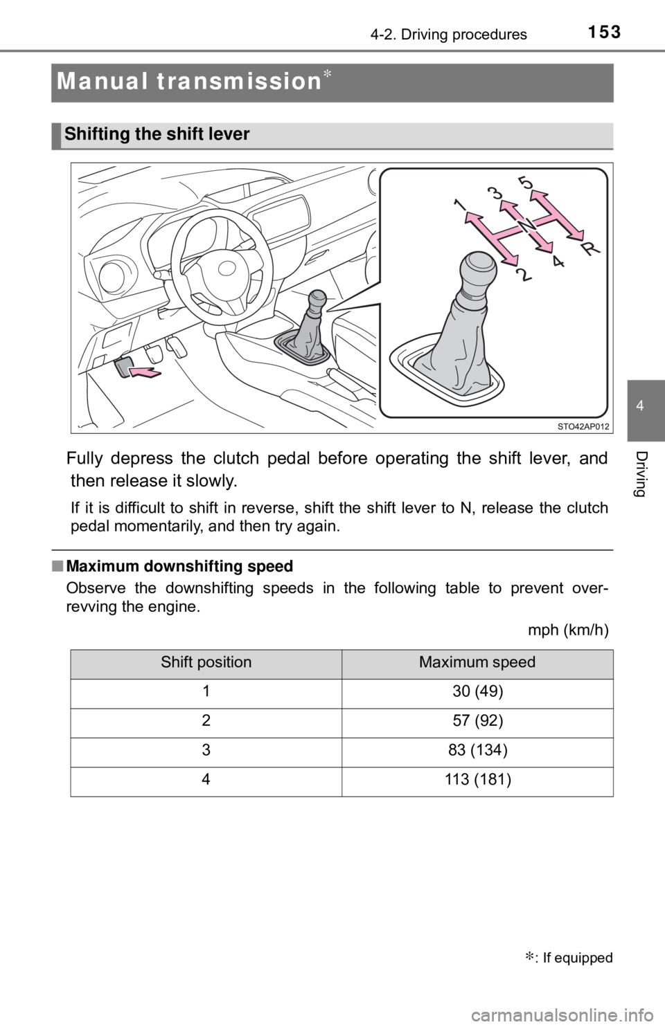 TOYOTA YARIS HATCHBACK 2018 Owners Manual 1534-2. Driving procedures
4
Driving
Manual transmission∗
Fully depress the clutch pedal before operating the shift lever, andthen release it slowly.
If it is difficult to shift in reverse, shift th TOYOTA YARIS HATCHBACK 2018 Owners Manual 1534-2. Driving procedures
4
Driving
Manual transmission∗
Fully depress the clutch pedal before operating the shift lever, andthen release it slowly.
If it is difficult to shift in reverse, shift th