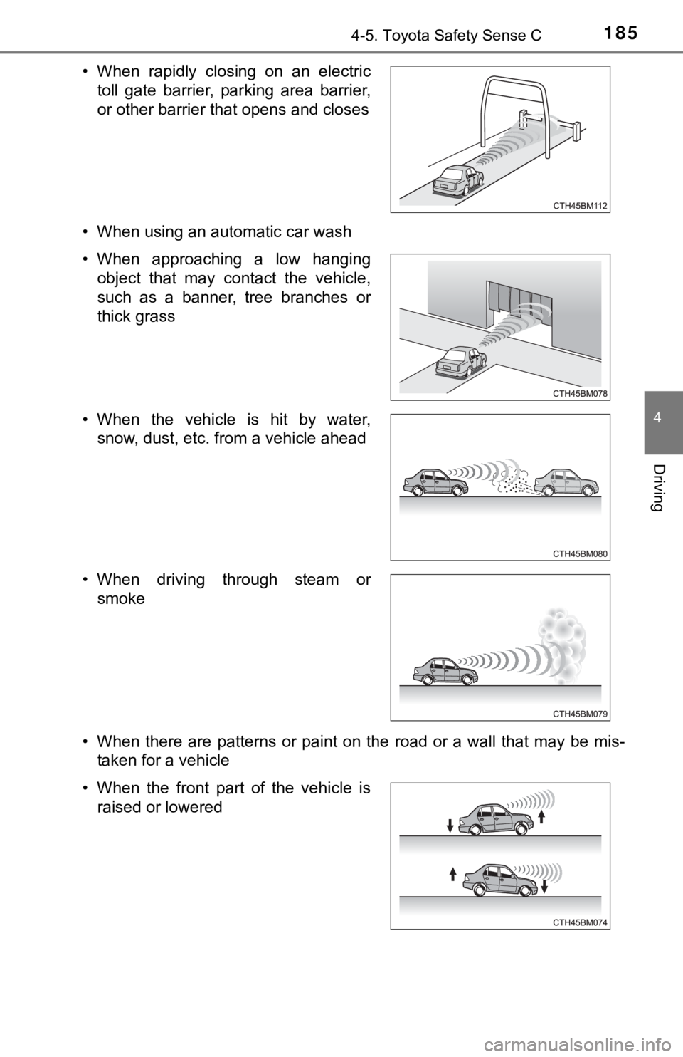 TOYOTA YARIS HATCHBACK 2018 Owners Manual 1854-5. Toyota Safety Sense C
4
Driving
• When using an automatic car wash
• When there are patterns or paint on the road or a wall that may be mis-taken for a vehicle
• When rapidly closing on TOYOTA YARIS HATCHBACK 2018 Owners Manual 1854-5. Toyota Safety Sense C
4
Driving
• When using an automatic car wash
• When there are patterns or paint on the road or a wall that may be mis-taken for a vehicle
• When rapidly closing on