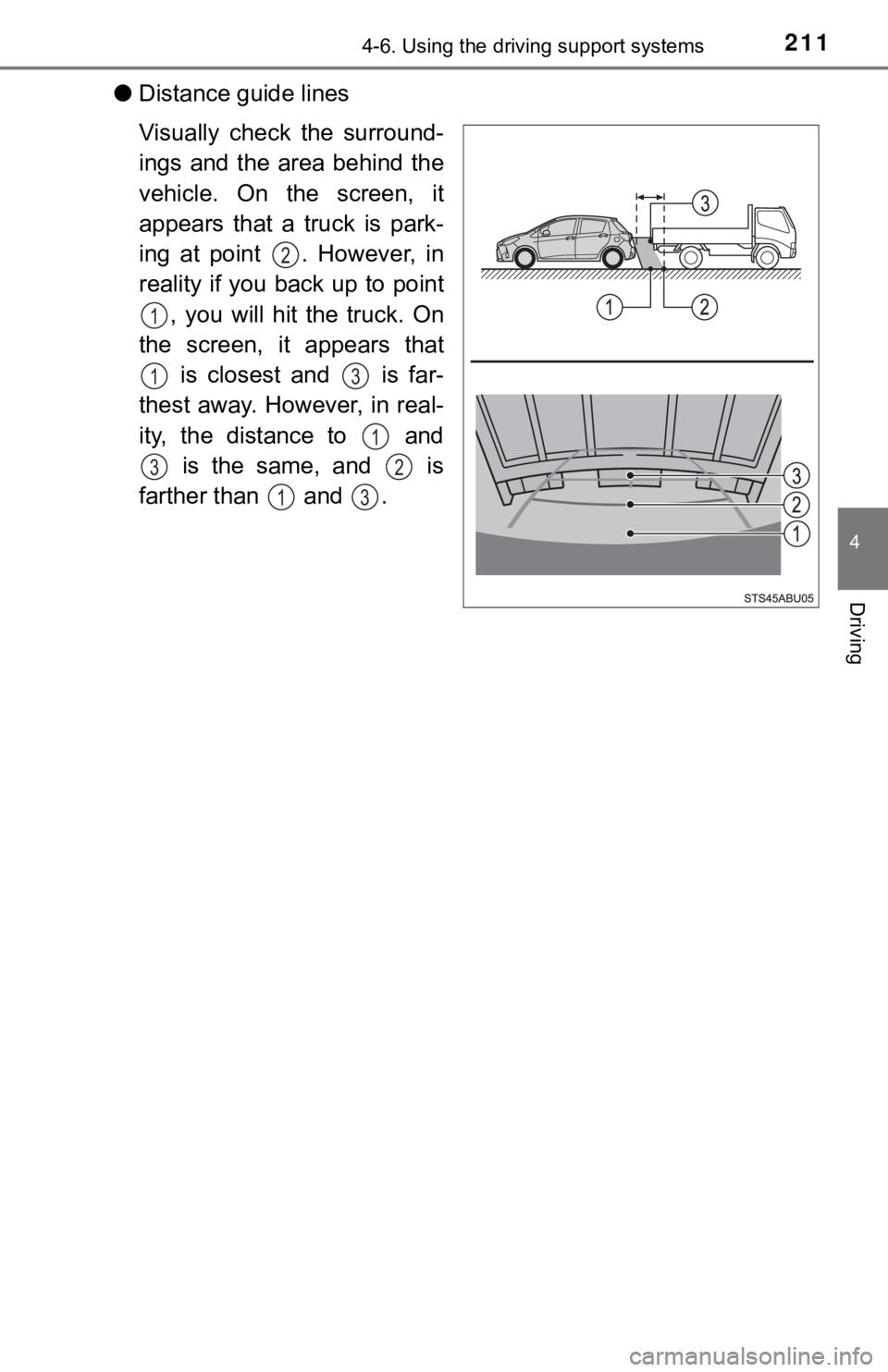 TOYOTA YARIS HATCHBACK 2018 Owners Manual 2114-6. Using the driving support systems
4
Driving
●Distance guide lines
Visually check the surround-
ings and the area behind the
vehicle. On the screen, it
appears that a truck is park-
ing at po TOYOTA YARIS HATCHBACK 2018 Owners Manual 2114-6. Using the driving support systems
4
Driving
●Distance guide lines
Visually check the surround-
ings and the area behind the
vehicle. On the screen, it
appears that a truck is park-
ing at po