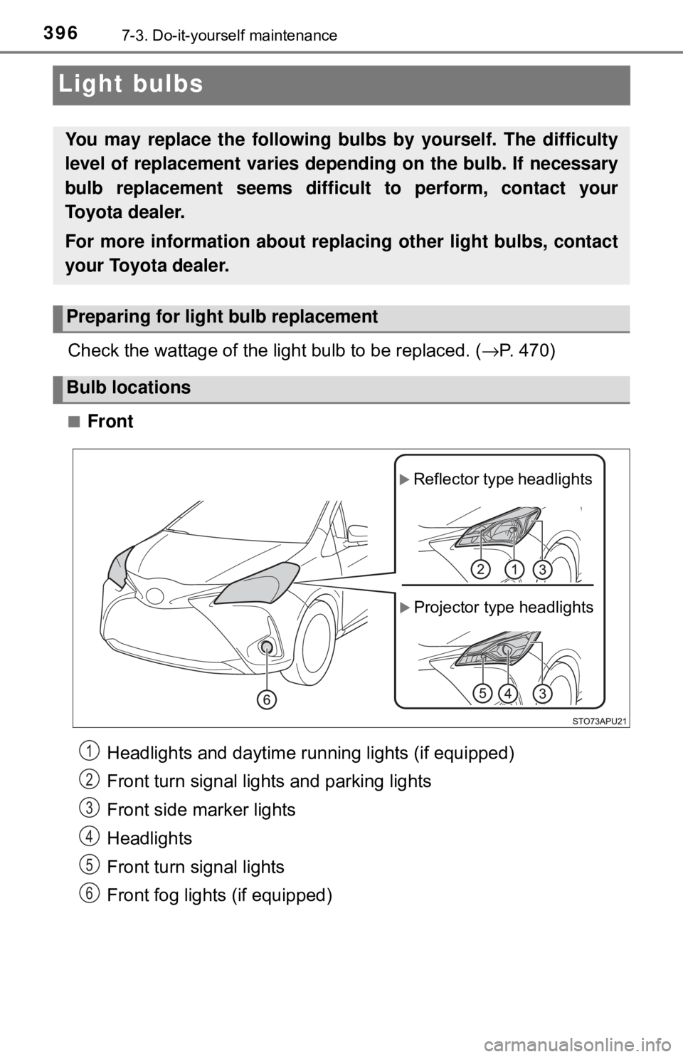 TOYOTA YARIS HATCHBACK 2018  Owners Manual 3967-3. Do-it-yourself maintenance
Light bulbs
Check the wattage of the light bulb to be replaced. (→P. 470)
■Front
Headlights and daytime running lights (if equipped)
Front turn signal lights and