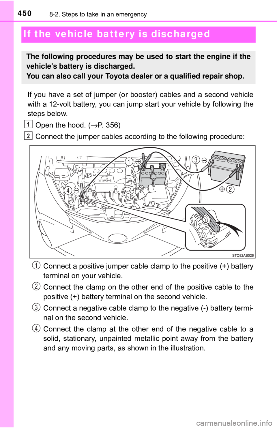 TOYOTA YARIS HATCHBACK 2018 Owners Manual 4508-2. Steps to take in an emergency
If the vehicle battery is discharged
If you have a set of jumper (or booster) cables and a second vehicle
with a 12-volt battery, you can jump start your vehicl TOYOTA YARIS HATCHBACK 2018 Owners Manual 4508-2. Steps to take in an emergency
If the vehicle battery is discharged
If you have a set of jumper (or booster) cables and a second vehicle
with a 12-volt battery, you can jump start your vehicl