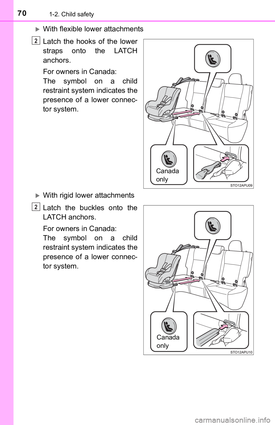 TOYOTA YARIS HATCHBACK 2018 Repair Manual 701-2. Child safety
With flexible lower attachments
Latch the hooks of the lower
straps onto the LATCH
anchors.
For owners in Canada:
The symbol on a child
restraint system indicates the
presence o TOYOTA YARIS HATCHBACK 2018 Repair Manual 701-2. Child safety
With flexible lower attachments
Latch the hooks of the lower
straps onto the LATCH
anchors.
For owners in Canada:
The symbol on a child
restraint system indicates the
presence o