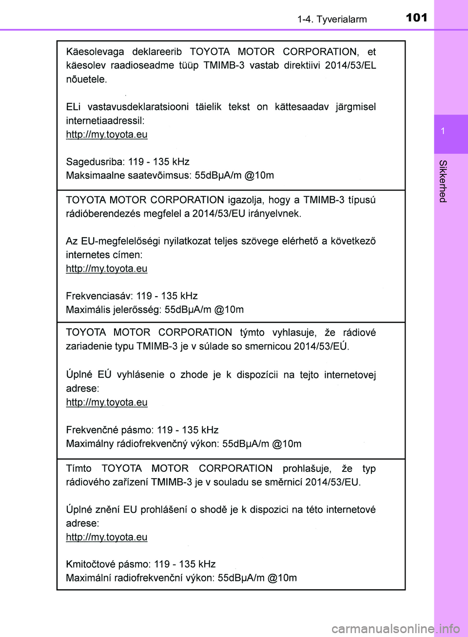 TOYOTA YARIS HATCHBACK 2018  Brugsanvisning (in Danish) 1011-4. Tyverialarm
1
Sikkerhed
YARIS_HV_OM_Europe_OM52C96DK
OM52C96DK.book  Page 101  Friday, February 23, 2018  9:50 AM 