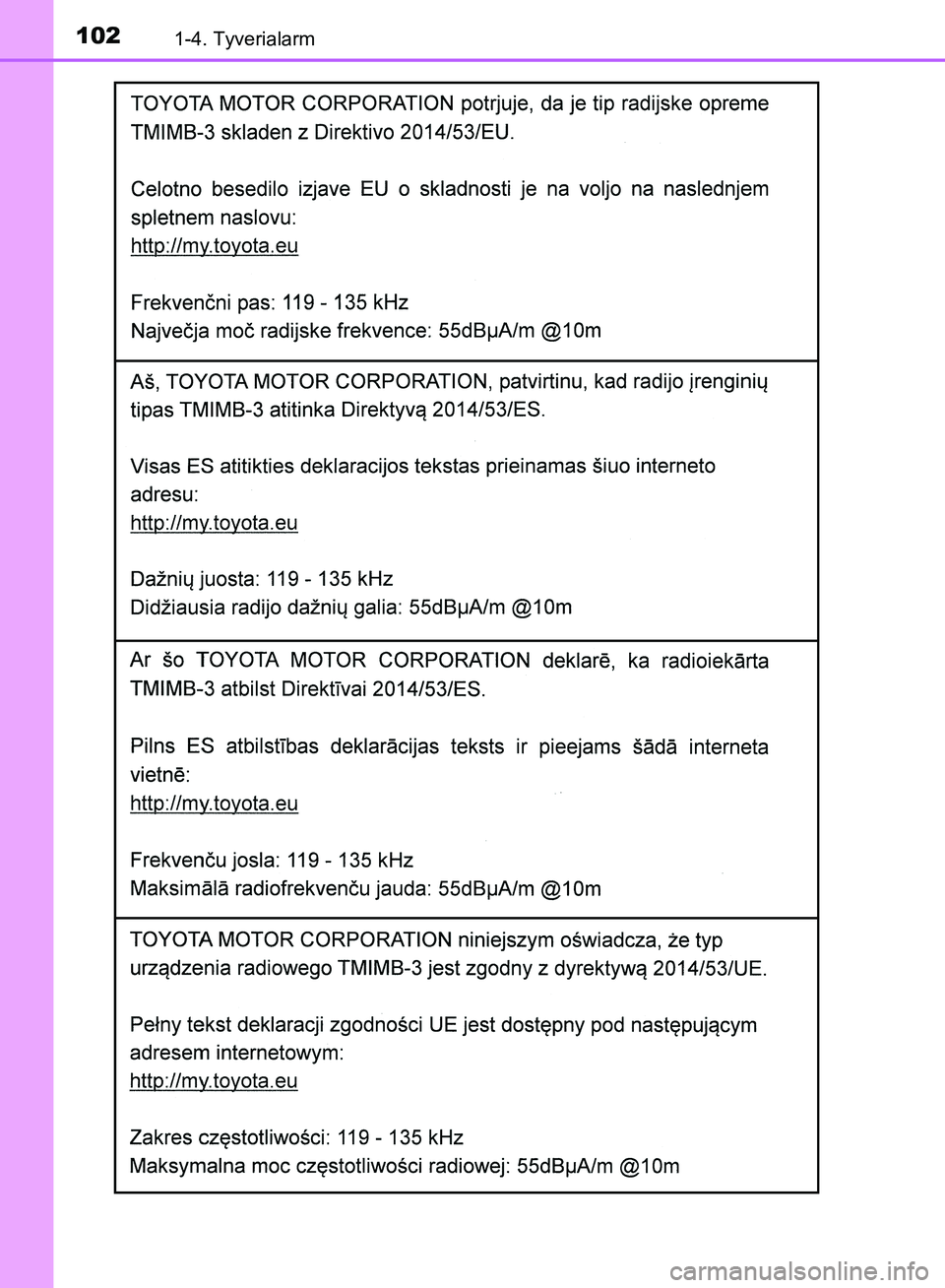 TOYOTA YARIS HATCHBACK 2018  Brugsanvisning (in Danish) 1021-4. Tyverialarm
YARIS_HV_OM_Europe_OM52C96DK
OM52C96DK.book  Page 102  Friday, February 23, 2018  9:50 AM 