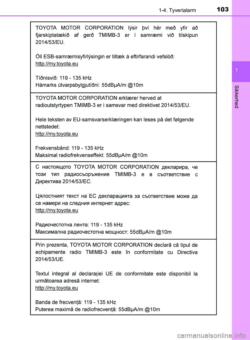 TOYOTA YARIS HATCHBACK 2018  Brugsanvisning (in Danish) 1031-4. Tyverialarm
1
Sikkerhed
YARIS_HV_OM_Europe_OM52C96DK
OM52C96DK.book  Page 103  Friday, February 23, 2018  9:50 AM 