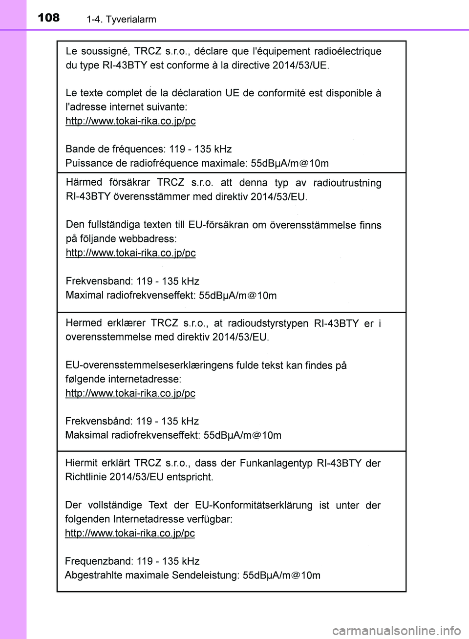 TOYOTA YARIS HATCHBACK 2018  Brugsanvisning (in Danish) 1081-4. Tyverialarm
YARIS_HV_OM_Europe_OM52C96DK
OM52C96DK.book  Page 108  Friday, February 23, 2018  9:50 AM 