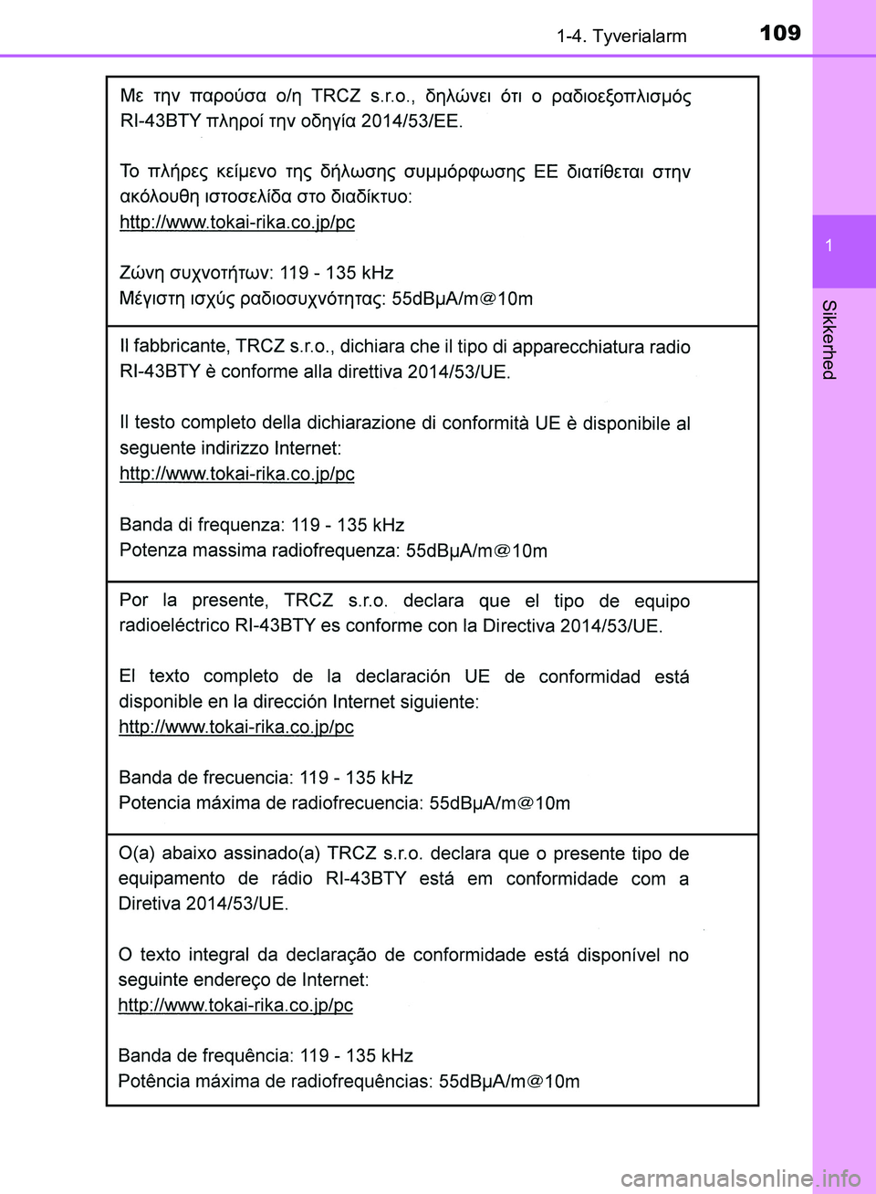TOYOTA YARIS HATCHBACK 2018  Brugsanvisning (in Danish) 1091-4. Tyverialarm
1
Sikkerhed
YARIS_HV_OM_Europe_OM52C96DK
OM52C96DK.book  Page 109  Friday, February 23, 2018  9:50 AM 