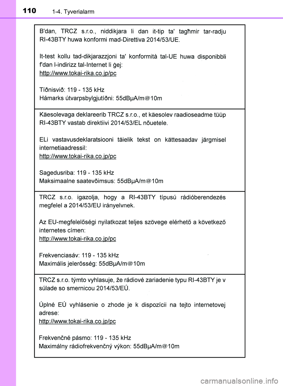 TOYOTA YARIS HATCHBACK 2018  Brugsanvisning (in Danish) 1101-4. Tyverialarm
YARIS_HV_OM_Europe_OM52C96DK
OM52C96DK.book  Page 110  Friday, February 23, 2018  9:50 AM 
