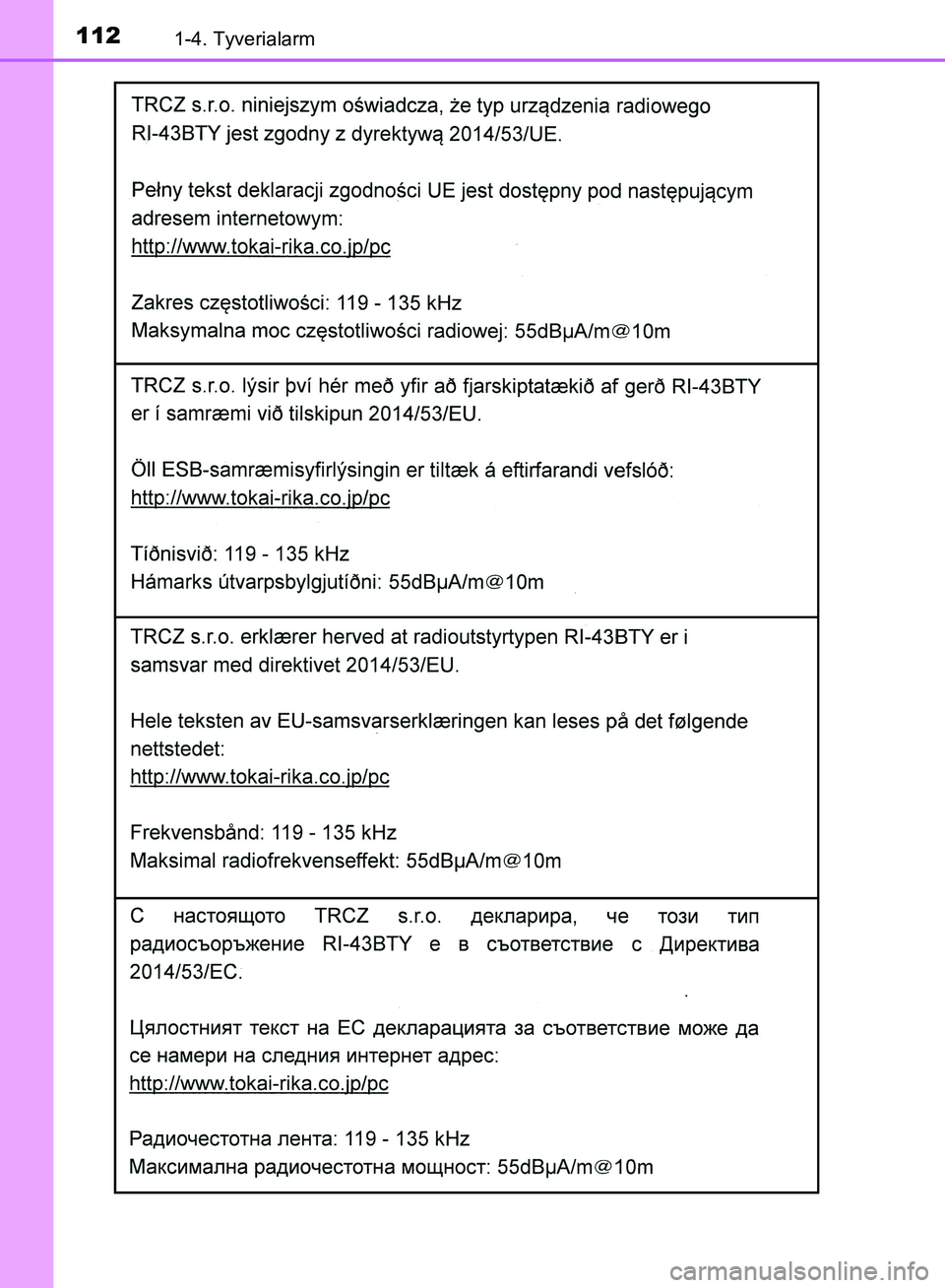 TOYOTA YARIS HATCHBACK 2018  Brugsanvisning (in Danish) 1121-4. Tyverialarm
YARIS_HV_OM_Europe_OM52C96DK
OM52C96DK.book  Page 112  Friday, February 23, 2018  9:50 AM 