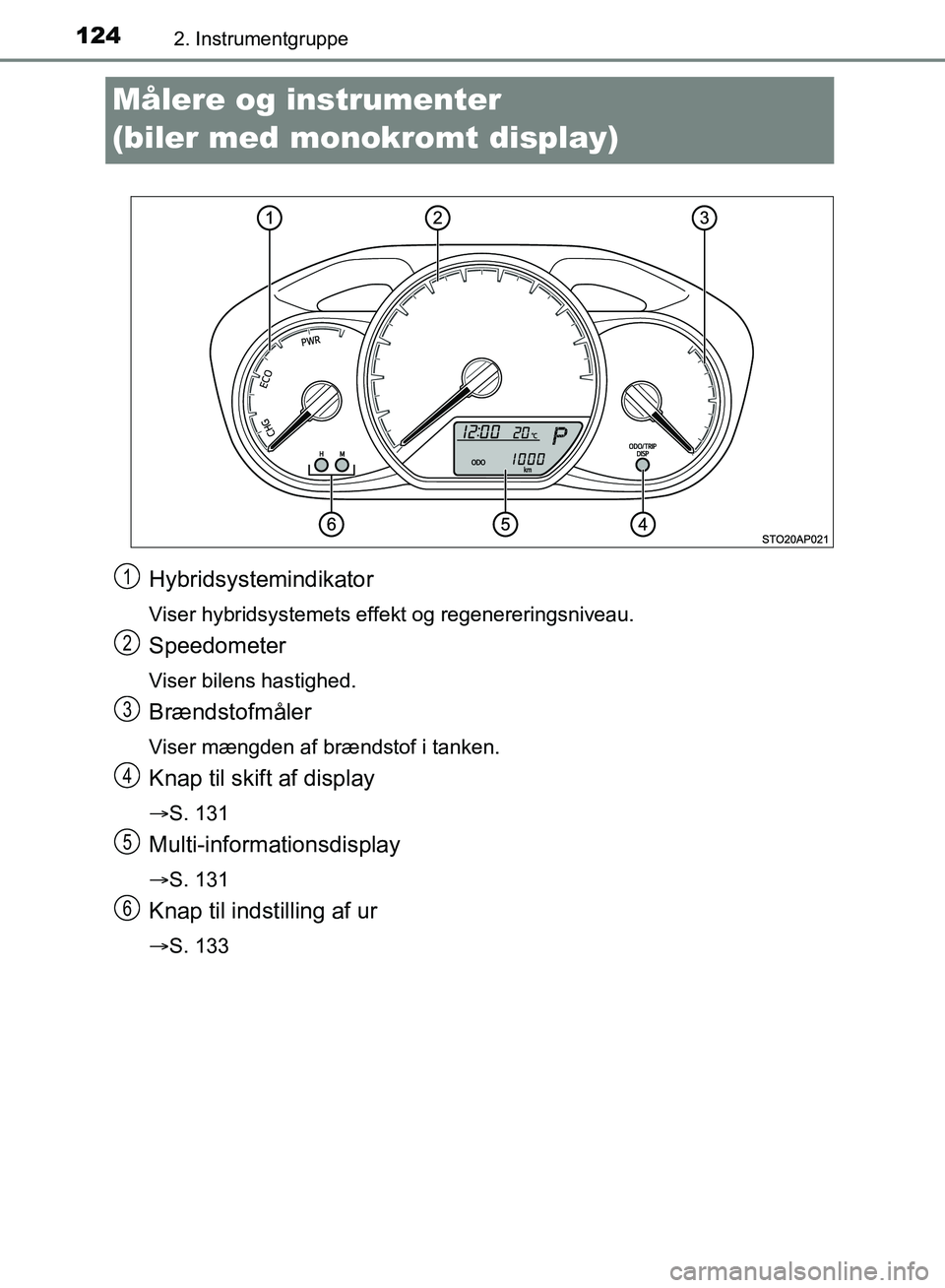 TOYOTA YARIS HATCHBACK 2018  Brugsanvisning (in Danish) 1242. Instrumentgruppe
YARIS_HV_OM_Europe_OM52C96DK
Målere og instrumenter 
(biler med monokromt display)
Hybridsystemindikator
Viser hybridsystemets effekt og regenereringsniveau.
Speedometer
Viser 