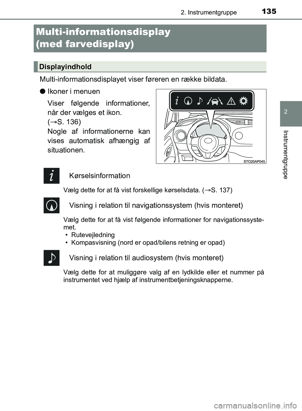 TOYOTA YARIS HATCHBACK 2018 Brugsanvisning (in Danish) 135
2
2. Instrumentgruppe
Instrumentgruppe
YARIS_HV_OM_Europe_OM52C96DK
Multi-informationsdisplay
(med farvedisplay)
Multi-informationsdisplayet viser føreren en række bildata.
l Ikoner i menuen
Vi TOYOTA YARIS HATCHBACK 2018 Brugsanvisning (in Danish) 135
2
2. Instrumentgruppe
Instrumentgruppe
YARIS_HV_OM_Europe_OM52C96DK
Multi-informationsdisplay
(med farvedisplay)
Multi-informationsdisplayet viser føreren en række bildata.
l Ikoner i menuen
Vi