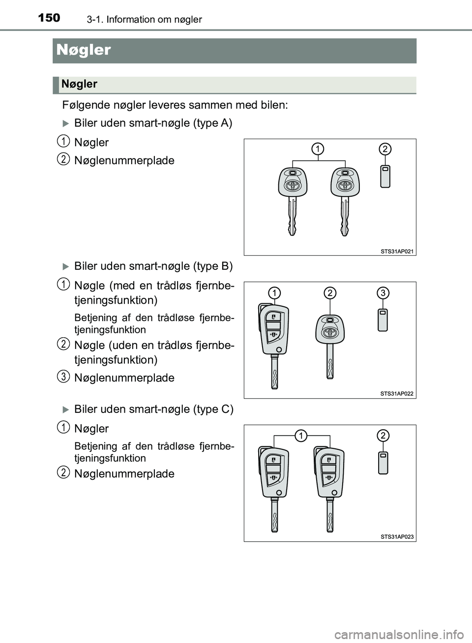 TOYOTA YARIS HATCHBACK 2018  Brugsanvisning (in Danish) 1503-1. Information om nøgler
YARIS_HV_OM_Europe_OM52C96DK
Nøgler
Følgende nøgler leveres sammen med bilen:
Biler uden smart-nøgle (type A)
Nøgler
Nøglenummerplade
Biler uden smart-nøgle