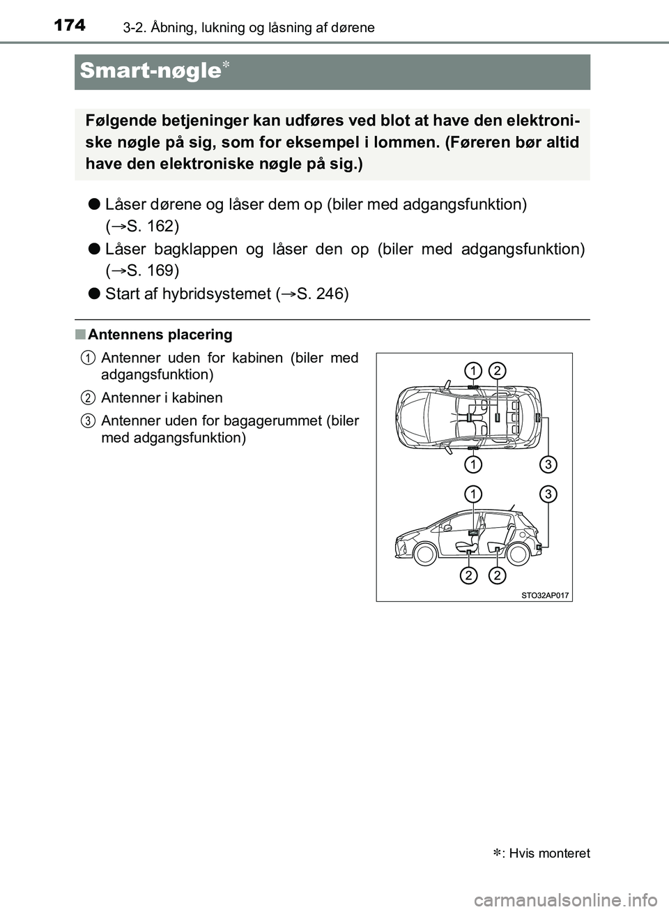 TOYOTA YARIS HATCHBACK 2018  Brugsanvisning (in Danish) 1743-2. Åbning, lukning og låsning af dørene
YARIS_HV_OM_Europe_OM52C96DK
Smart-nøgle
lLåser dørene og låser dem op (biler med adgangsfunktion) 
( S. 162)
l Låser bagklappen og låser de