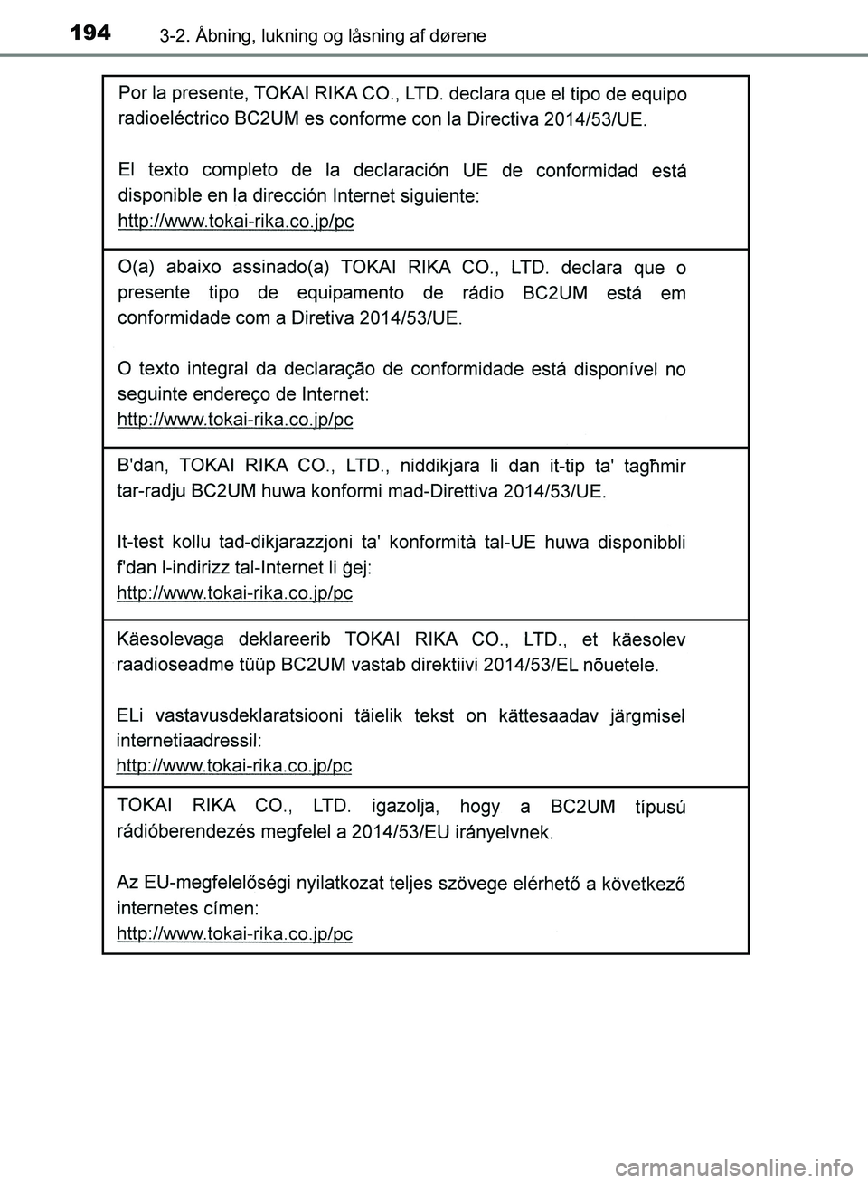 TOYOTA YARIS HATCHBACK 2018  Brugsanvisning (in Danish) 1943-2. Åbning, lukning og låsning af dørene
YARIS_HV_OM_Europe_OM52C96DK
OM52C96DK.book  Page 194  Friday, February 23, 2018  9:50 AM 