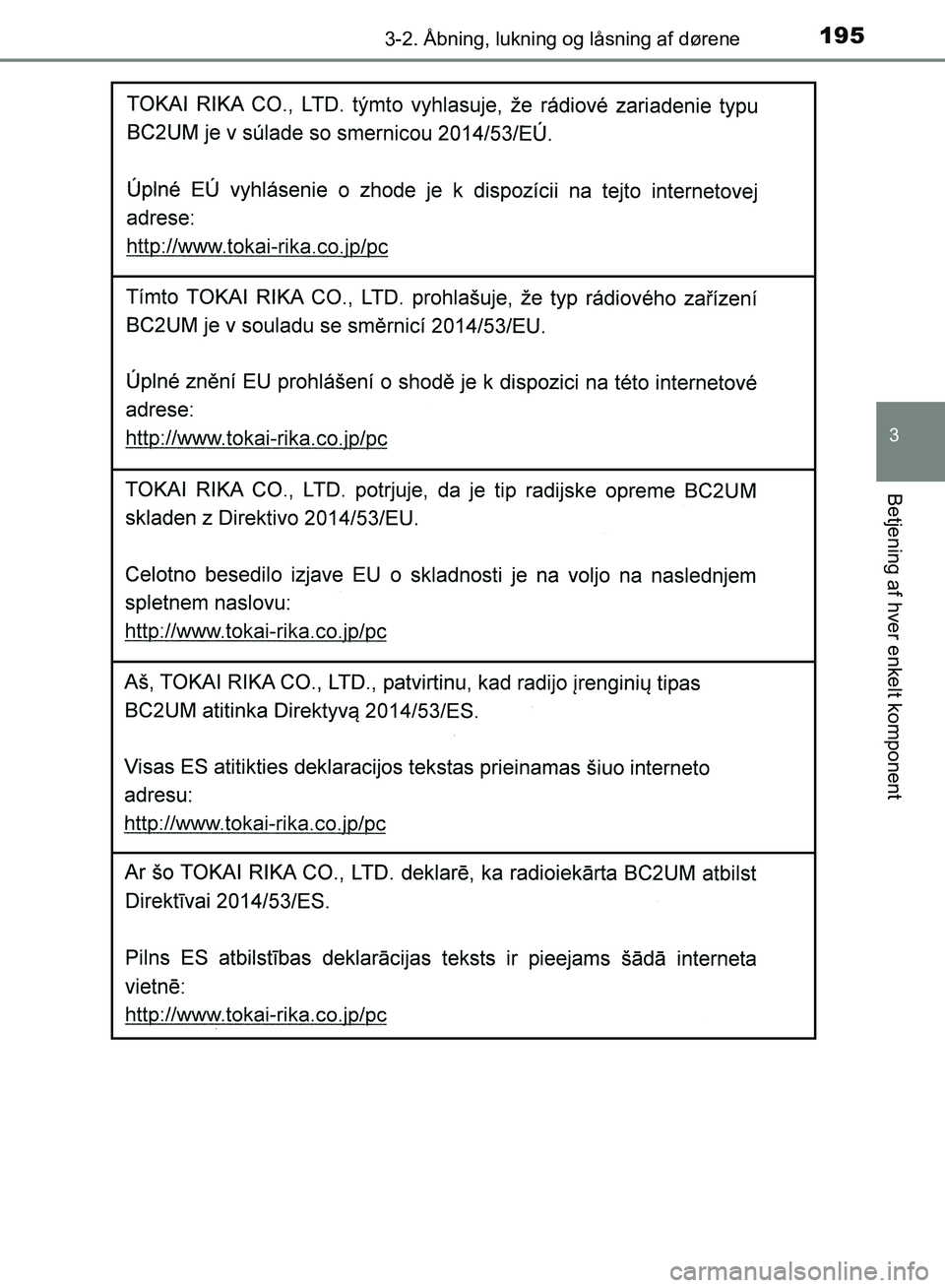 TOYOTA YARIS HATCHBACK 2018  Brugsanvisning (in Danish) 1953-2. Åbning, lukning og låsning af dørene
3
Betjening af hver enkelt komponent
YARIS_HV_OM_Europe_OM52C96DK
OM52C96DK.book  Page 195  Friday, February 23, 2018  9:50 AM 