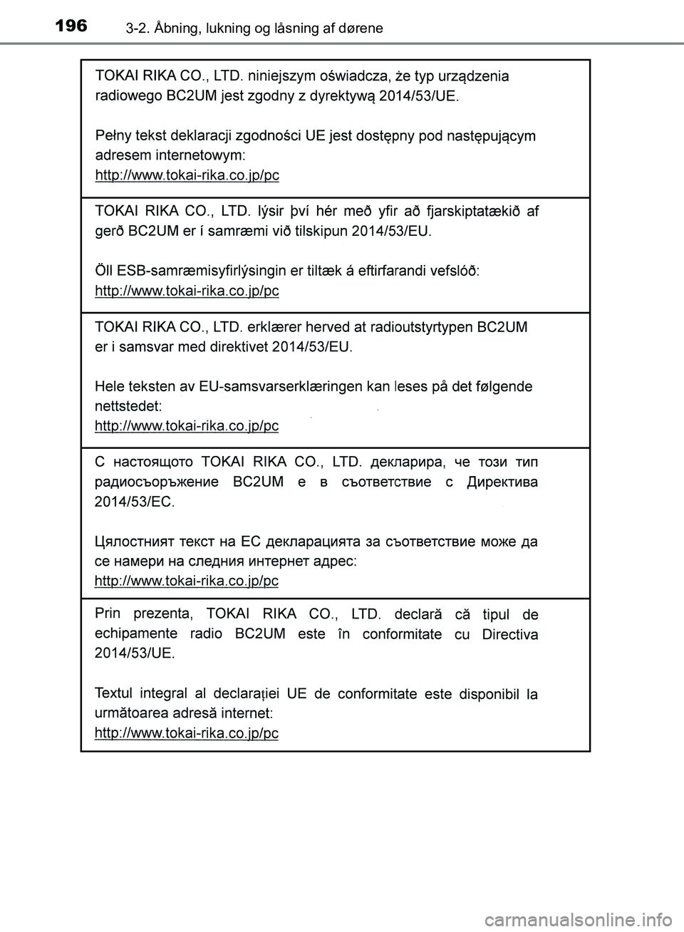 TOYOTA YARIS HATCHBACK 2018  Brugsanvisning (in Danish) 1963-2. Åbning, lukning og låsning af dørene
YARIS_HV_OM_Europe_OM52C96DK
OM52C96DK.book  Page 196  Friday, February 23, 2018  9:50 AM 