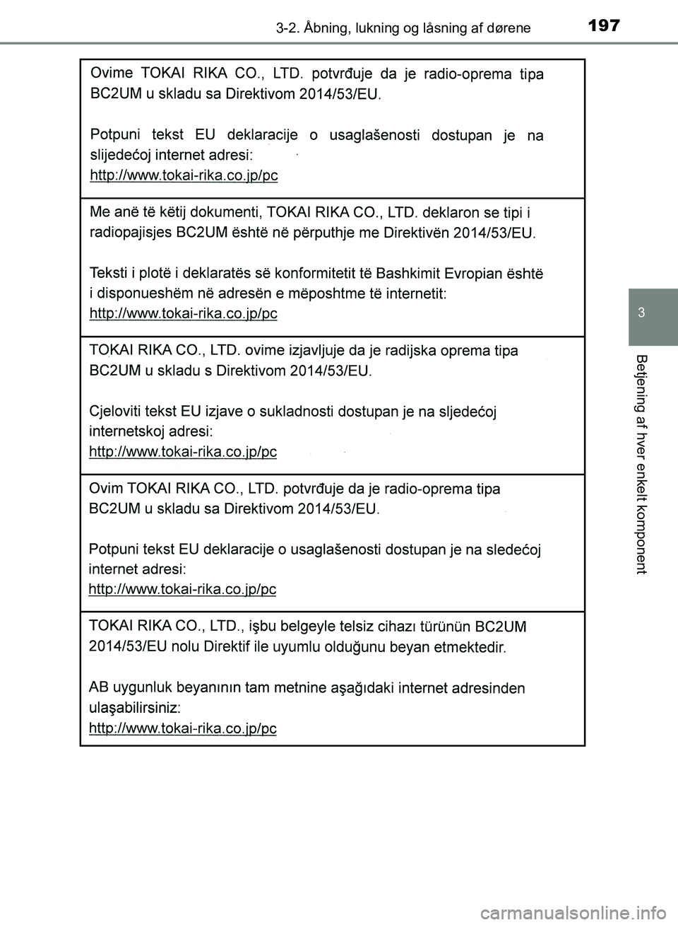 TOYOTA YARIS HATCHBACK 2018  Brugsanvisning (in Danish) 1973-2. Åbning, lukning og låsning af dørene
3
Betjening af hver enkelt komponent
YARIS_HV_OM_Europe_OM52C96DK
OM52C96DK.book  Page 197  Friday, February 23, 2018  9:50 AM 
