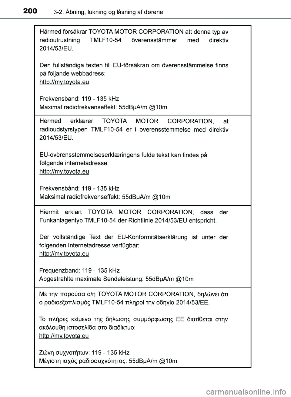 TOYOTA YARIS HATCHBACK 2018  Brugsanvisning (in Danish) 2003-2. Åbning, lukning og låsning af dørene
YARIS_HV_OM_Europe_OM52C96DK
OM52C96DK.book  Page 200  Friday, February 23, 2018  9:50 AM 