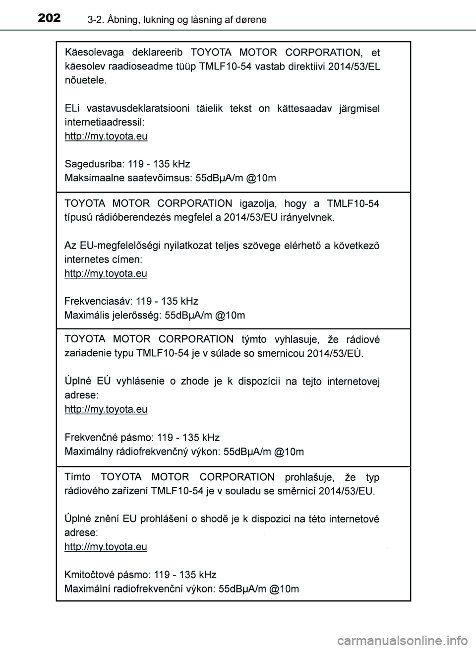 TOYOTA YARIS HATCHBACK 2018  Brugsanvisning (in Danish) 2023-2. Åbning, lukning og låsning af dørene
YARIS_HV_OM_Europe_OM52C96DK
OM52C96DK.book  Page 202  Friday, February 23, 2018  9:50 AM 