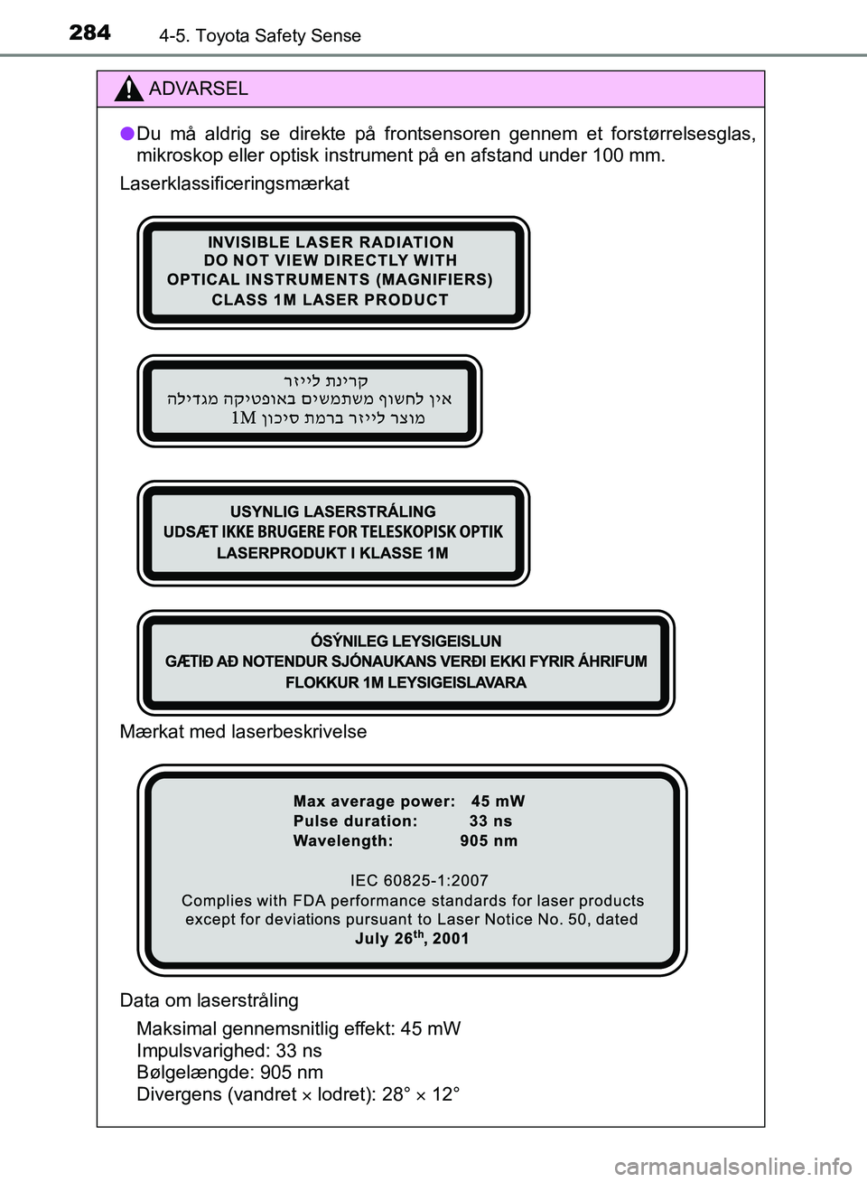 TOYOTA YARIS HATCHBACK 2018 Brugsanvisning (in Danish) 2844-5. Toyota Safety Sense
YARIS_HV_OM_Europe_OM52C96DK
ADVARSEL
l Du må aldrig se direkte på frontsensoren gennem et forstørrelsesglas,
mikroskop eller optisk instrument på en afstand under 100 TOYOTA YARIS HATCHBACK 2018 Brugsanvisning (in Danish) 2844-5. Toyota Safety Sense
YARIS_HV_OM_Europe_OM52C96DK
ADVARSEL
l Du må aldrig se direkte på frontsensoren gennem et forstørrelsesglas,
mikroskop eller optisk instrument på en afstand under 100