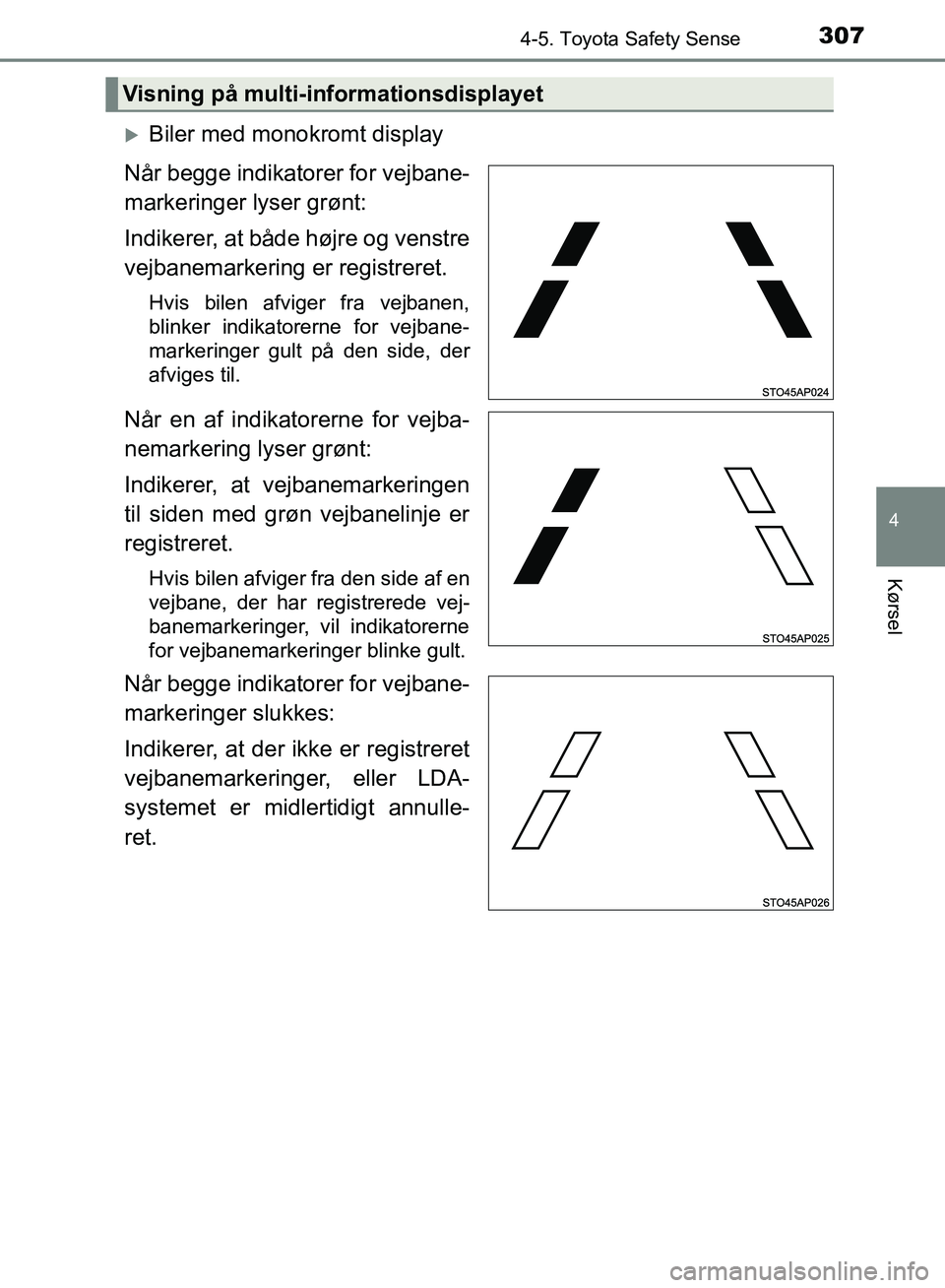 TOYOTA YARIS HATCHBACK 2018 Brugsanvisning (in Danish) 3074-5. Toyota Safety Sense
4
Kørsel
YARIS_HV_OM_Europe_OM52C96DK
Biler med monokromt display
Når begge indikatorer for vejbane-
markeringer lyser grønt:
Indikerer, at både højre og venstre
ve TOYOTA YARIS HATCHBACK 2018 Brugsanvisning (in Danish) 3074-5. Toyota Safety Sense
4
Kørsel
YARIS_HV_OM_Europe_OM52C96DK
Biler med monokromt display
Når begge indikatorer for vejbane-
markeringer lyser grønt:
Indikerer, at både højre og venstre
ve