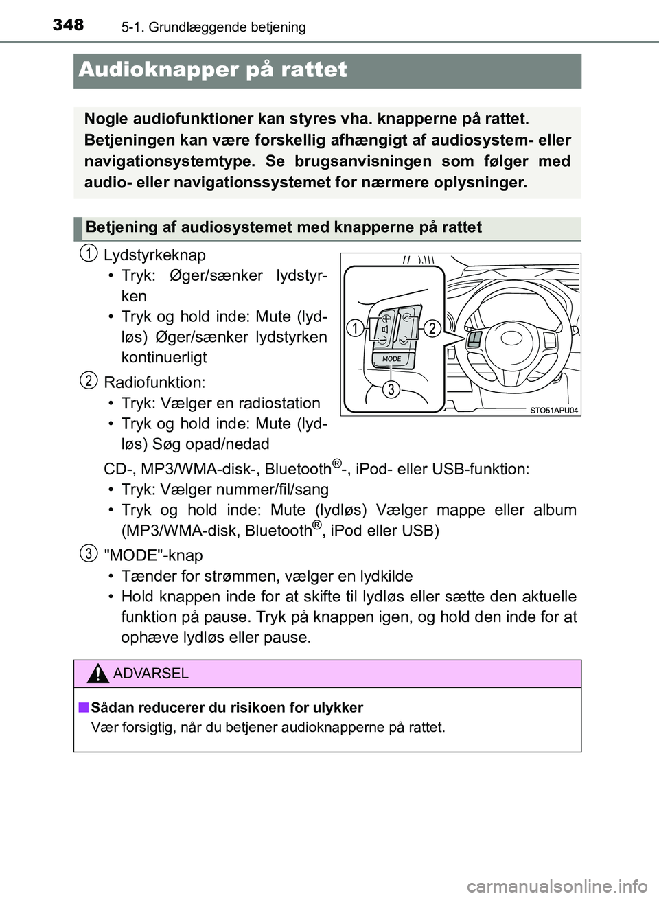 TOYOTA YARIS HATCHBACK 2018 Brugsanvisning (in Danish) 3485-1. Grundlæggende betjening
YARIS_HV_OM_Europe_OM52C96DK
Audioknapper på rattet
Lydstyrkeknap• Tryk: Øger/sænker lydstyr- ken
• Tryk og hold inde: Mute (lyd- løs) Øger/sænker lydstyrken TOYOTA YARIS HATCHBACK 2018 Brugsanvisning (in Danish) 3485-1. Grundlæggende betjening
YARIS_HV_OM_Europe_OM52C96DK
Audioknapper på rattet
Lydstyrkeknap• Tryk: Øger/sænker lydstyr- ken
• Tryk og hold inde: Mute (lyd- løs) Øger/sænker lydstyrken