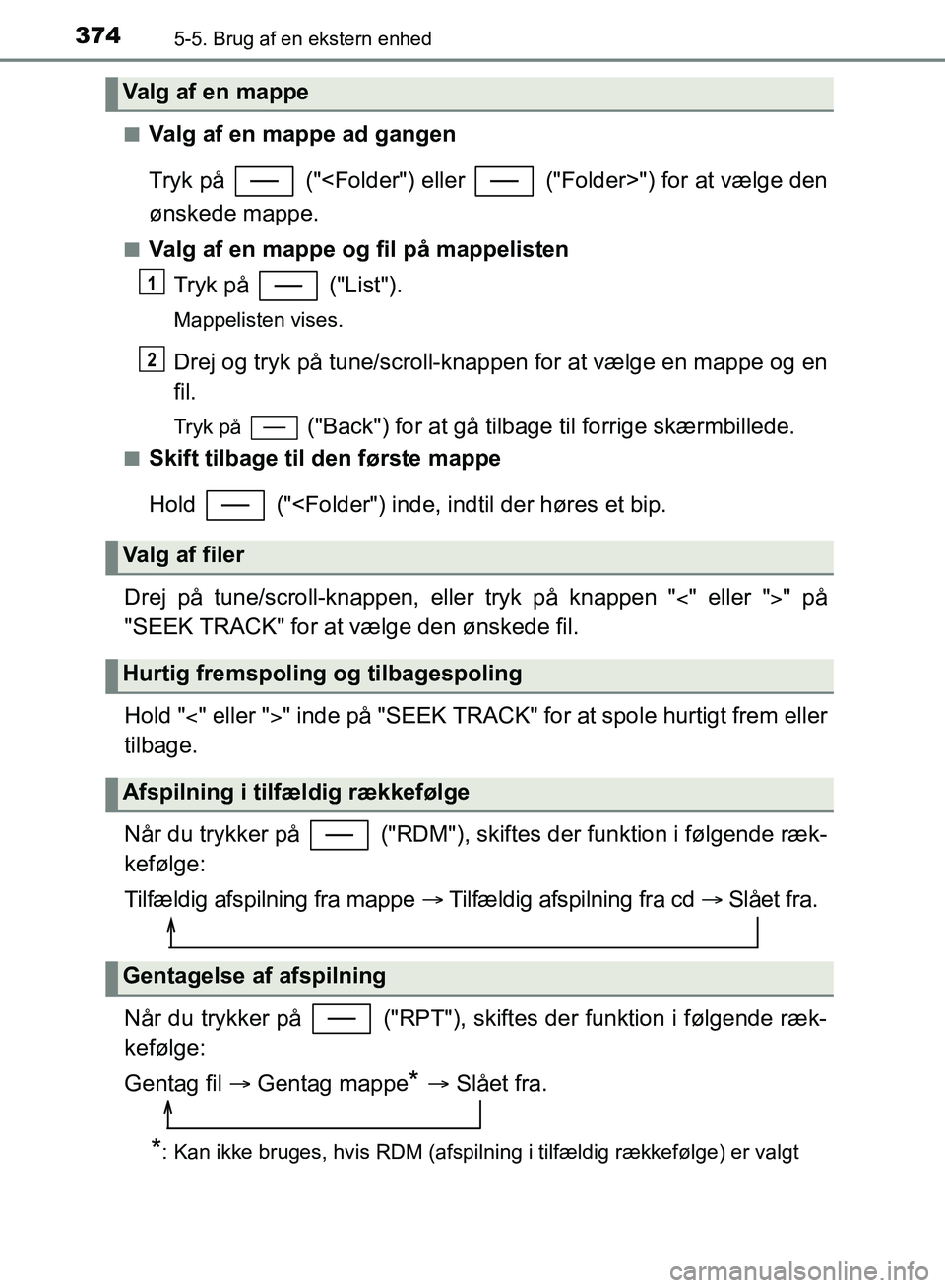 TOYOTA YARIS HATCHBACK 2018  Brugsanvisning (in Danish) 3745-5. Brug af en ekstern enhed
YARIS_HV_OM_Europe_OM52C96DKn
Valg af en mappe ad gangen
Tryk på   ("<Folder") eller   ("Folder>") for at vælge den
ønskede mappe.
nValg af en mappe og fil på mapp