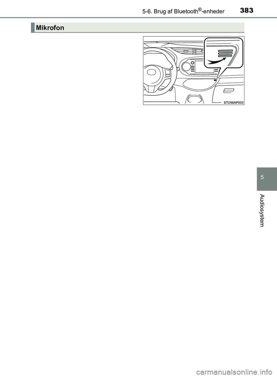 TOYOTA YARIS HATCHBACK 2018  Brugsanvisning (in Danish) 3835-6. Brug af Bluetooth®-enheder
5
Audiosystem
YARIS_HV_OM_Europe_OM52C96DK
Mikrofon
OM52C96DK.book  Page 383  Friday, February 23, 2018  9:50 AM 