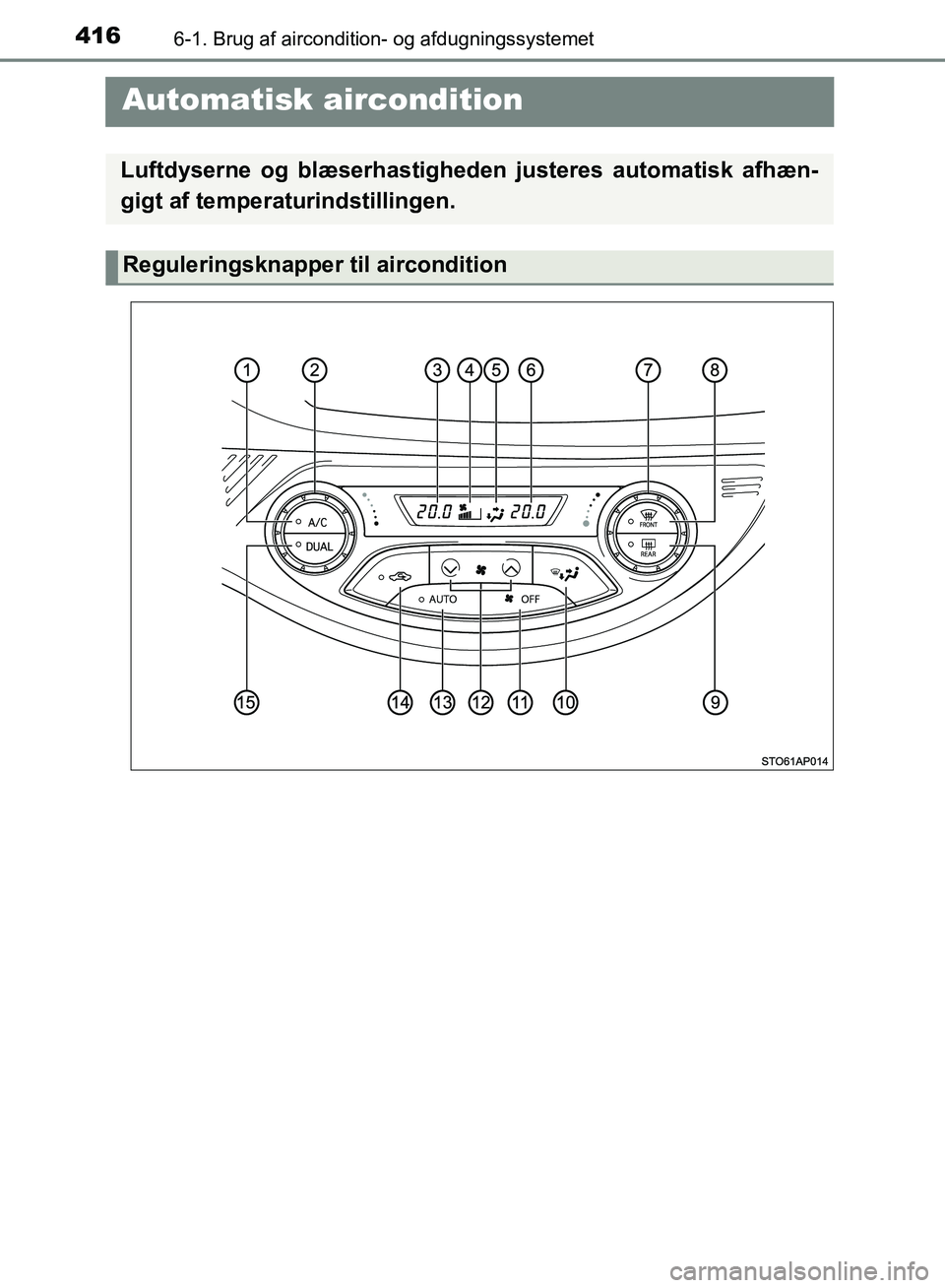 TOYOTA YARIS HATCHBACK 2018  Brugsanvisning (in Danish) 4166-1. Brug af aircondition- og afdugningssystemet
YARIS_HV_OM_Europe_OM52C96DK
 Automatisk aircondition
Luftdyserne og blæserhastigheden justeres automatisk afhæn-
gigt af temperaturindstillingen.