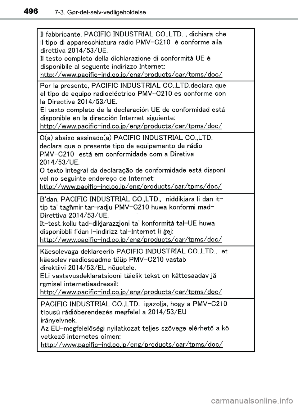 TOYOTA YARIS HATCHBACK 2018  Brugsanvisning (in Danish) 4967-3. Gør-det-selv-vedligeholdelse
YARIS_HV_OM_Europe_OM52C96DK
OM52C96DK.book  Page 496  Friday, February 23, 2018  9:50 AM 