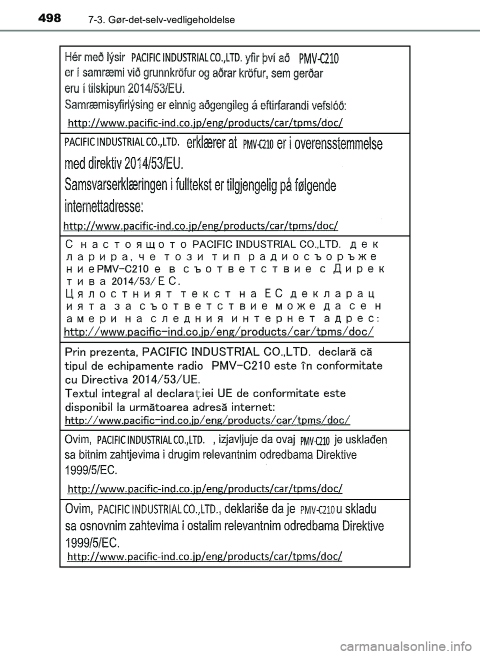 TOYOTA YARIS HATCHBACK 2018  Brugsanvisning (in Danish) 4987-3. Gør-det-selv-vedligeholdelse
YARIS_HV_OM_Europe_OM52C96DK
OM52C96DK.book  Page 498  Friday, February 23, 2018  9:50 AM 
