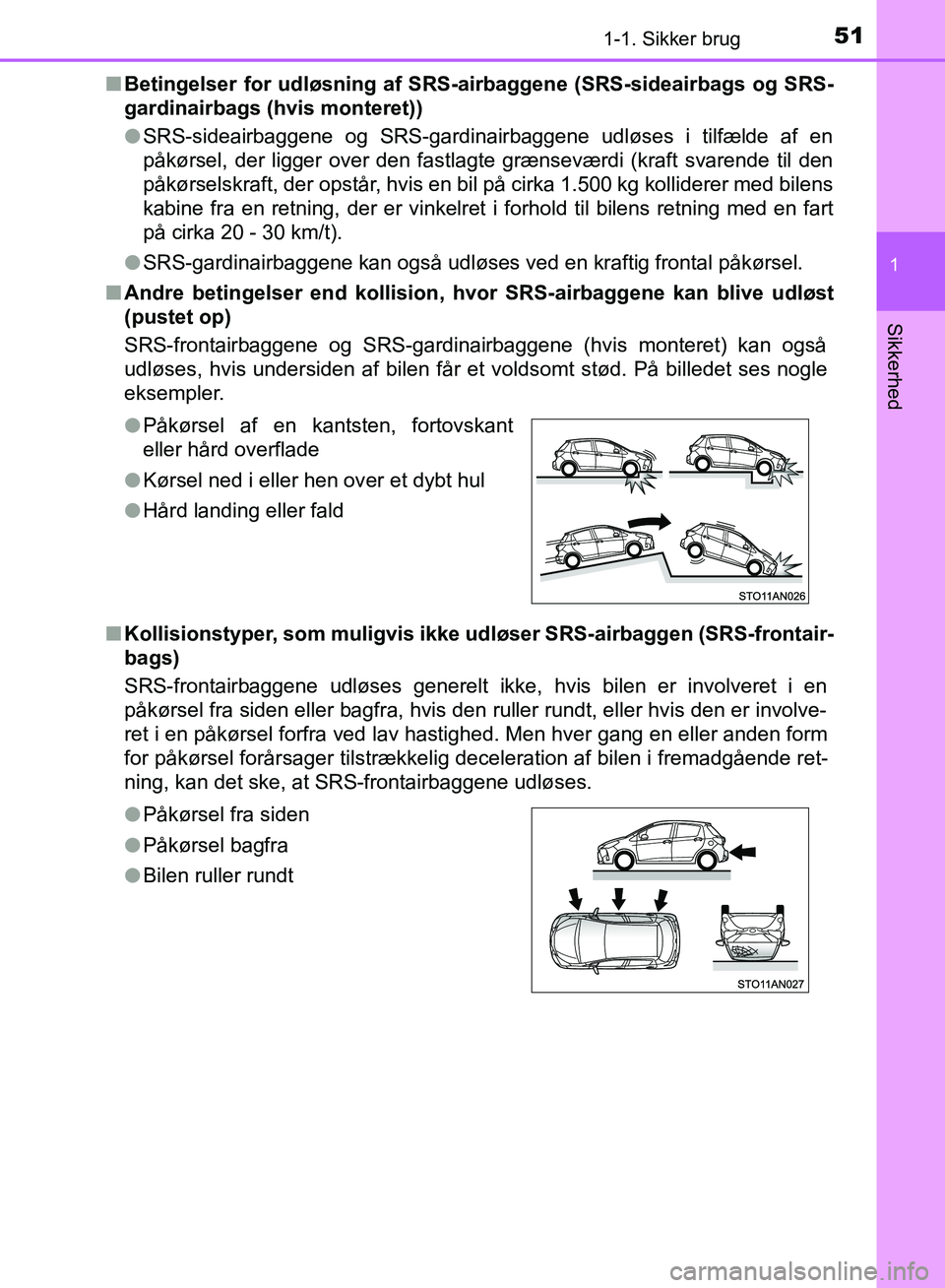 TOYOTA YARIS HATCHBACK 2018 Brugsanvisning (in Danish) 511-1. Sikker brug
1
Sikkerhed
YARIS_HV_OM_Europe_OM52C96DKn
Betingelser for udløsning af SRS-ai rbaggene (SRS-sideairbags og SRS-
gardinairbags (hvis monteret))
l SRS-sideairbaggene og SRS-gardinair TOYOTA YARIS HATCHBACK 2018 Brugsanvisning (in Danish) 511-1. Sikker brug
1
Sikkerhed
YARIS_HV_OM_Europe_OM52C96DKn
Betingelser for udløsning af SRS-ai rbaggene (SRS-sideairbags og SRS-
gardinairbags (hvis monteret))
l SRS-sideairbaggene og SRS-gardinair