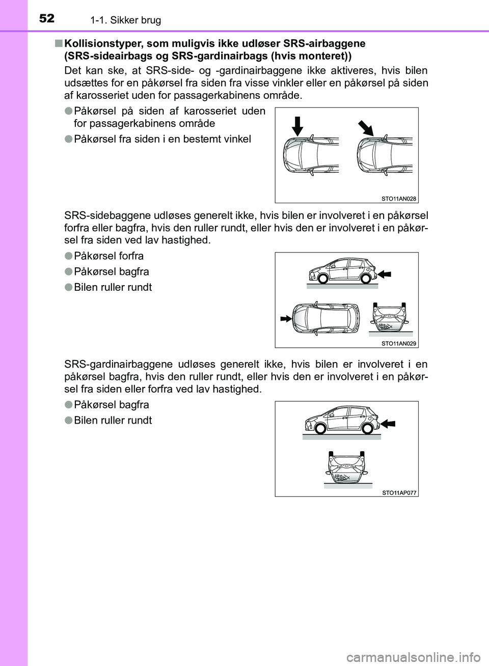 TOYOTA YARIS HATCHBACK 2018 Brugsanvisning (in Danish) 521-1. Sikker brug
YARIS_HV_OM_Europe_OM52C96DKn
Kollisionstyper, som muligvis ikke udløser SRS-airbaggene
(SRS-sideairbags og SRS-gardinairbags (hvis monteret))
Det kan ske, at SRS-side- og -gardin TOYOTA YARIS HATCHBACK 2018 Brugsanvisning (in Danish) 521-1. Sikker brug
YARIS_HV_OM_Europe_OM52C96DKn
Kollisionstyper, som muligvis ikke udløser SRS-airbaggene
(SRS-sideairbags og SRS-gardinairbags (hvis monteret))
Det kan ske, at SRS-side- og -gardin